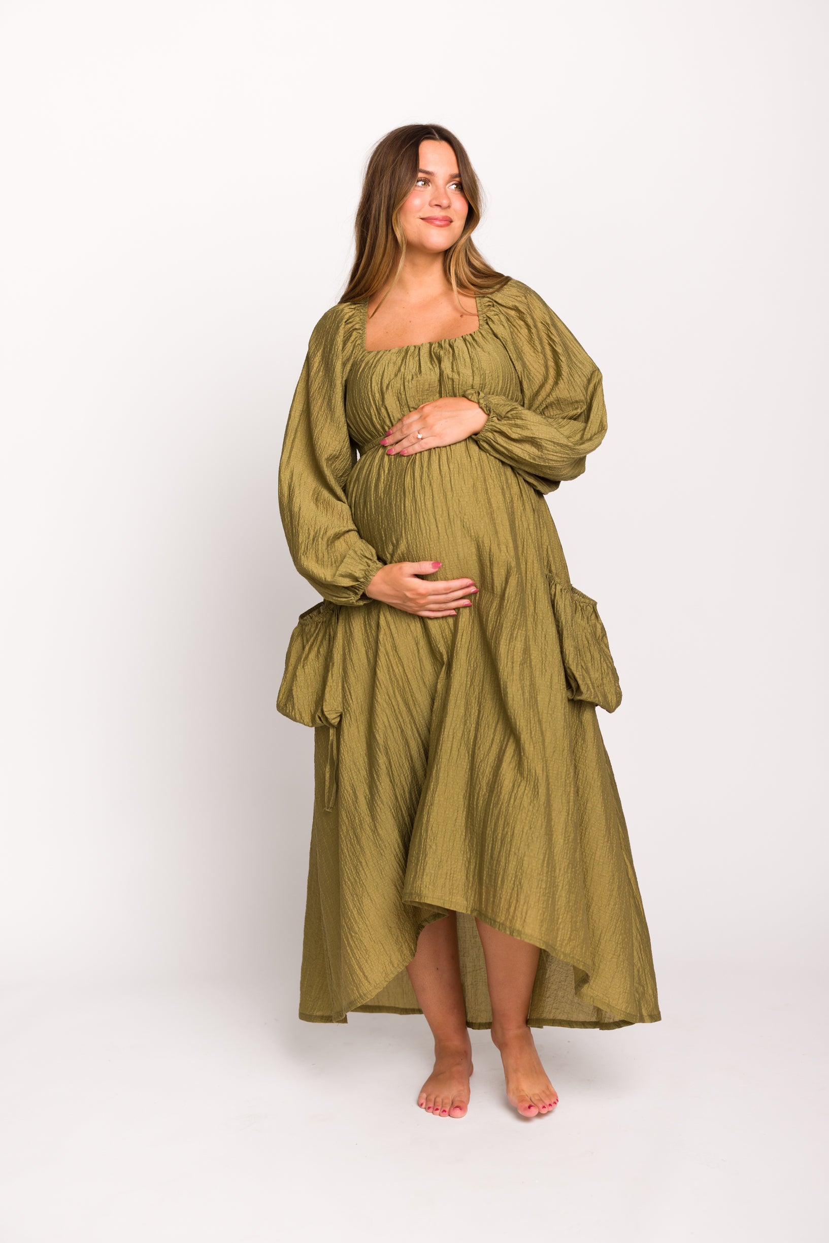 Ariana Women's Olive Long Sleeve Maxi Dress with Slouchy Pocket - Elegant Boho Style for Casual Wear, Date Night & Fall Fashion