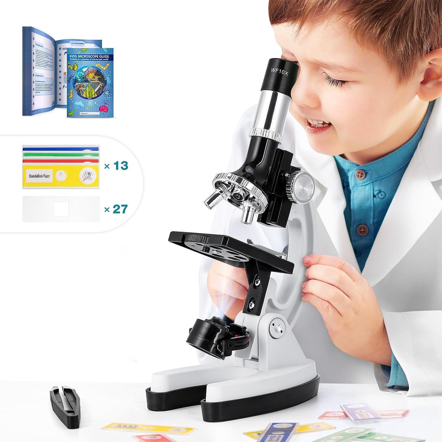 62-Piece Kids Microscope Kit with 13 Prepared & 27 Blank Slides - Science Educational Toy for Ages 5-12 | Perfect for Homeschooling, Classroom Labs & STEM Learning Activities