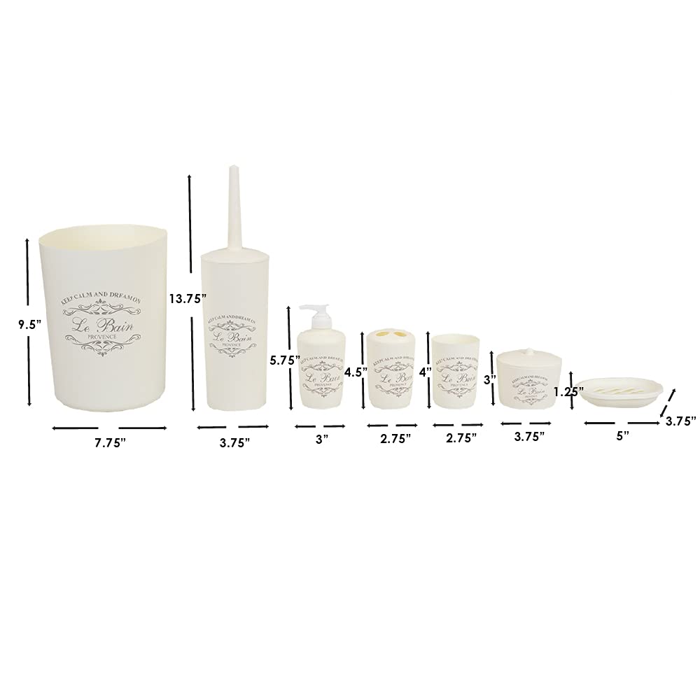 7-Piece Beige Parisian Bathroom Set - Plastic Bath Accessories with Tumbler, Toothbrush Holder, Soap Dish, Lotion Dispenser, Cotton Ball Container, Toilet Brush Holder & Waste Bin | Modern Bathroom Decor for Home, Apartment & Hotel Use