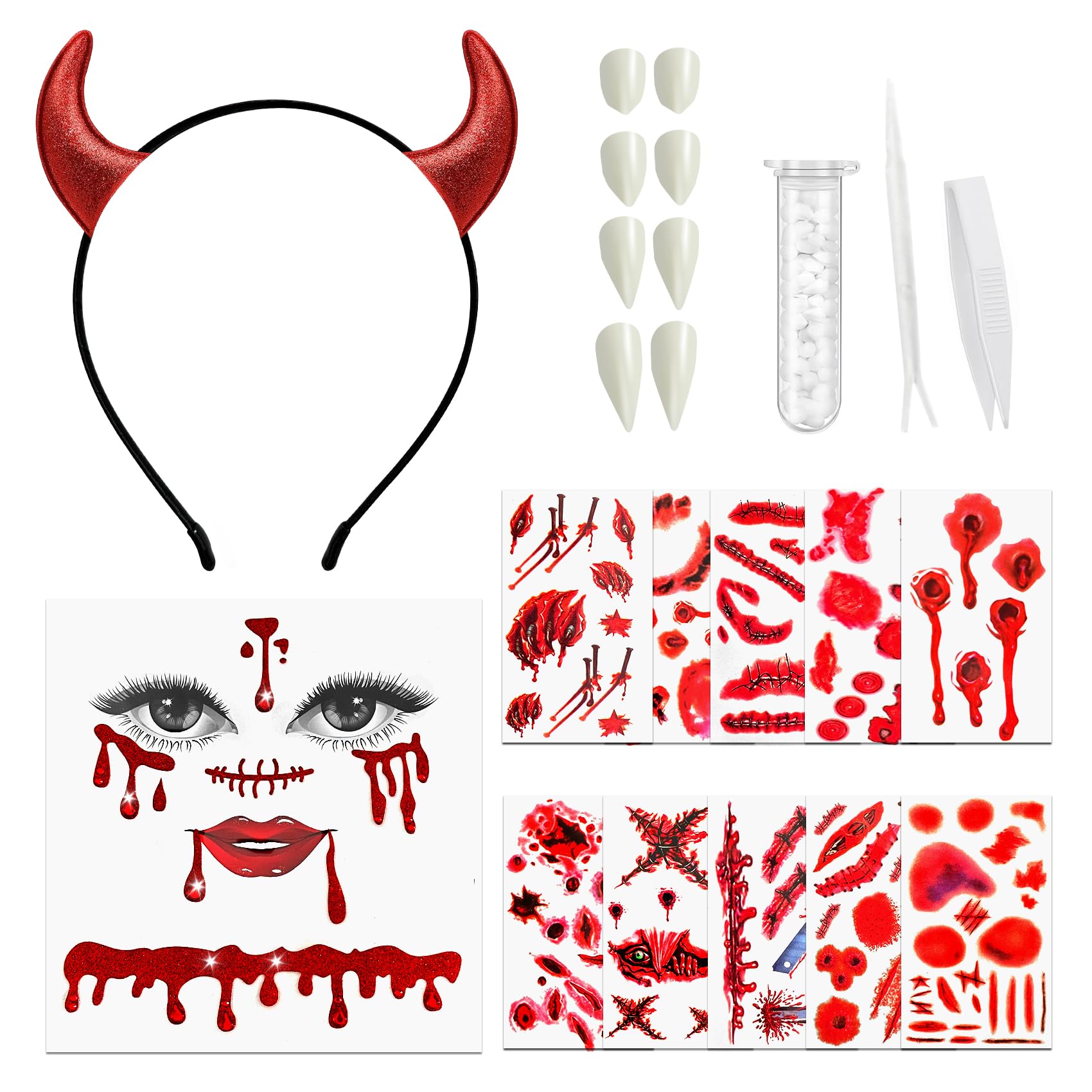 Women's Halloween Vampire Costume Set with Devil Horns Headband, Vampire Face Jewels & Teeth - Scary Tattoos & Makeup Accessories for Kids & Girls Cosplay | Perfect for Halloween Parties, Costume Contests & Themed Events