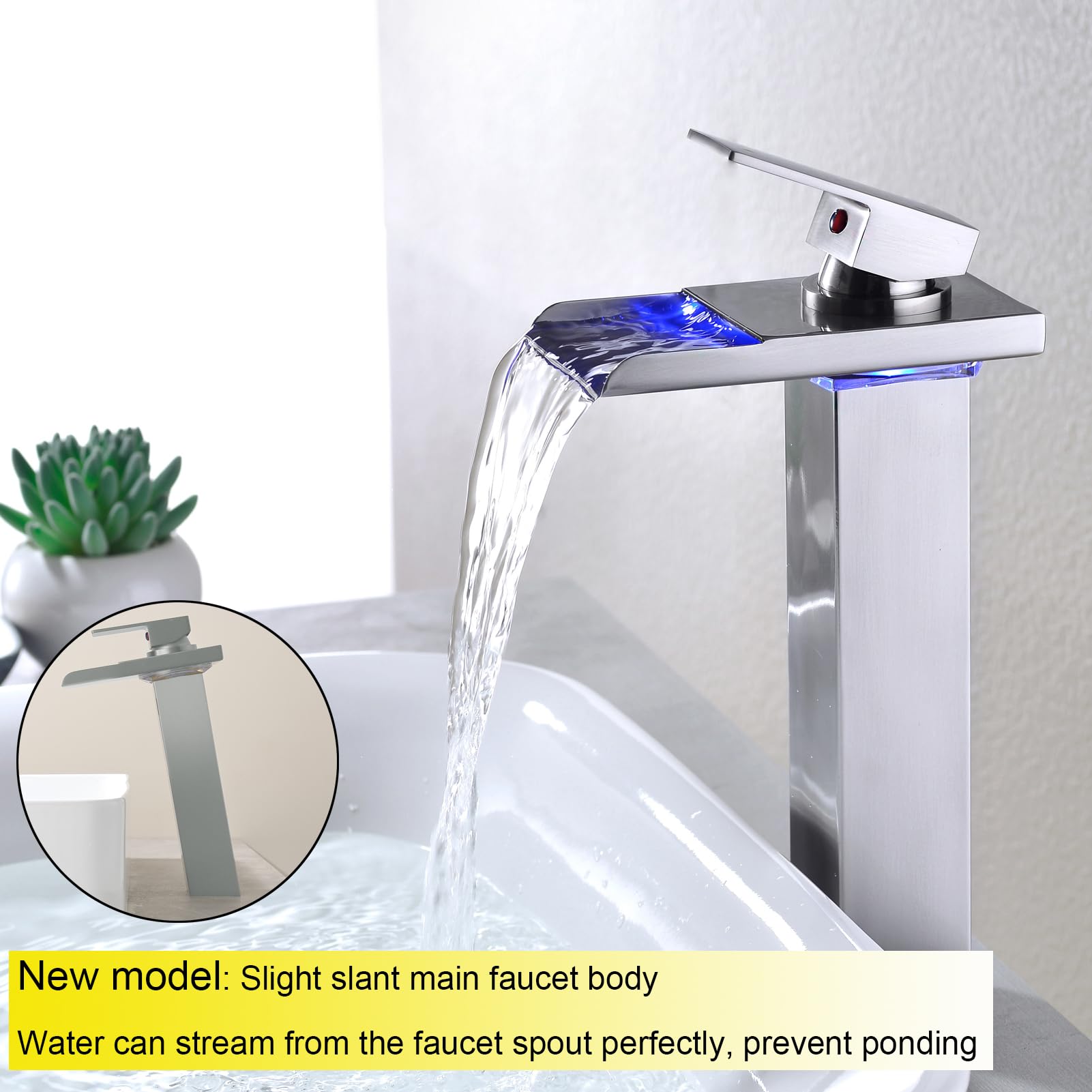 Brushed Nickel LED Waterfall Bathroom Faucet - Tall Single Handle 1 Hole Sink Faucet with Brass Water Supply | Modern Bathroom Upgrade for Vanity & Powder Room