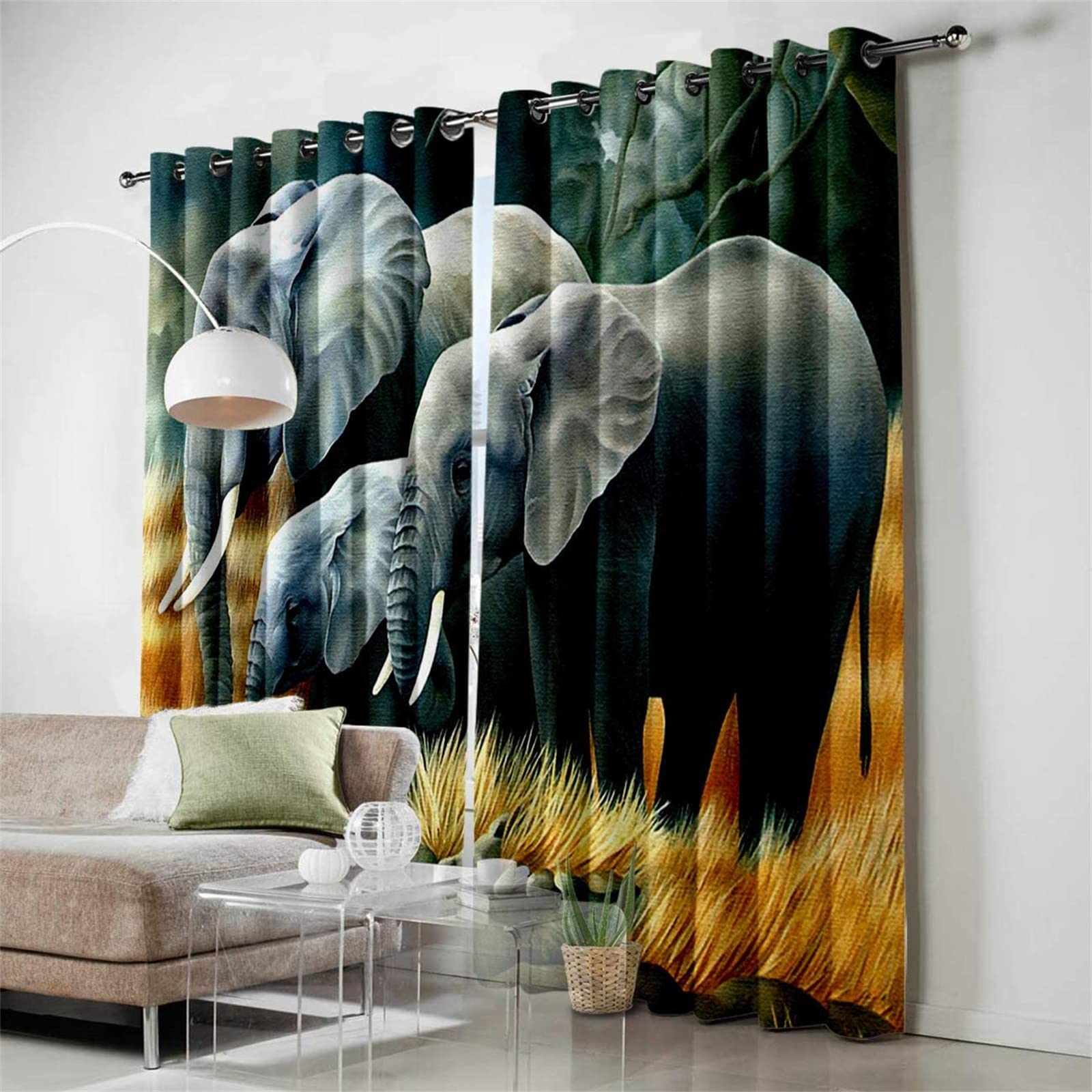 2 Panels Eyelet African Animals Blackout Curtains - Wild Elephant 3D Printed Thermal Insulating Drapes, Noise Reducing Darkening Grommet Curtains for Living Room & Bedroom (84