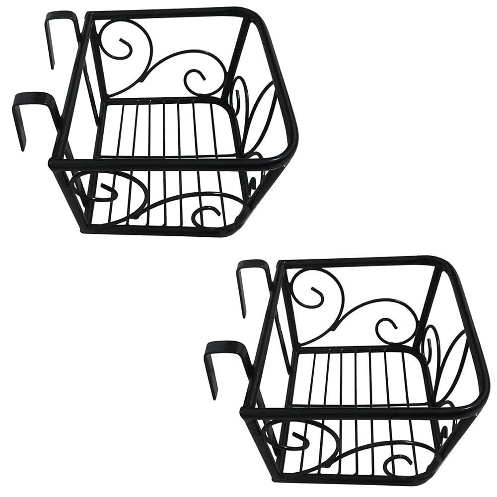2 Pack Black Large Steel Balcony Hanging Planters - Square Iron Railing Flower Pot Holders, Metal Potted Plant Stand Basket for Fence Mounting | Indoor & Outdoor Garden Decor, Patio Greenery Display