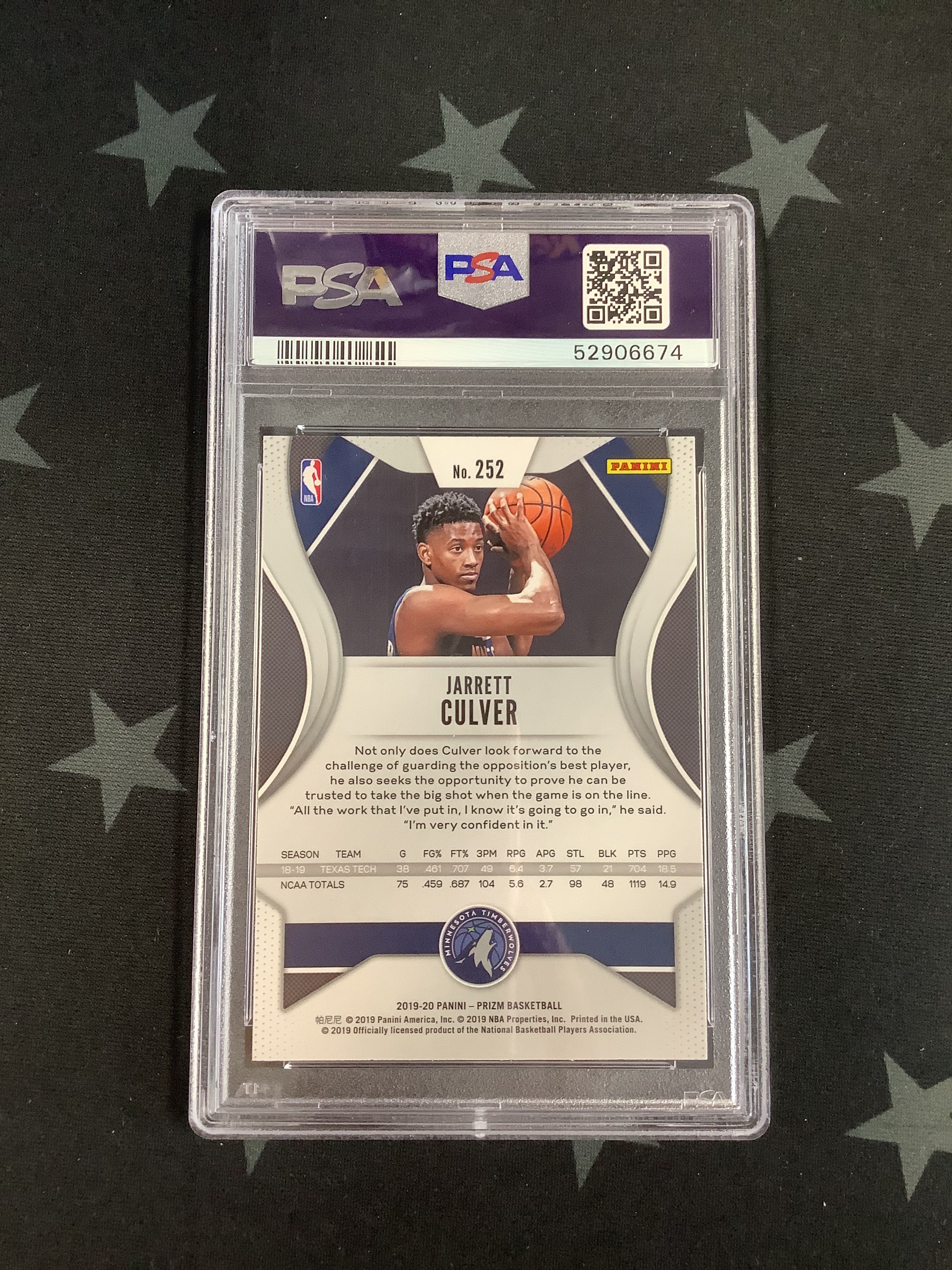 2019 Panini Prizm Basketball Jarrett Culver #252 PSA GEM MT 10 Card - Perfect for NBA Collectors & Sports Memorabilia Enthusiasts