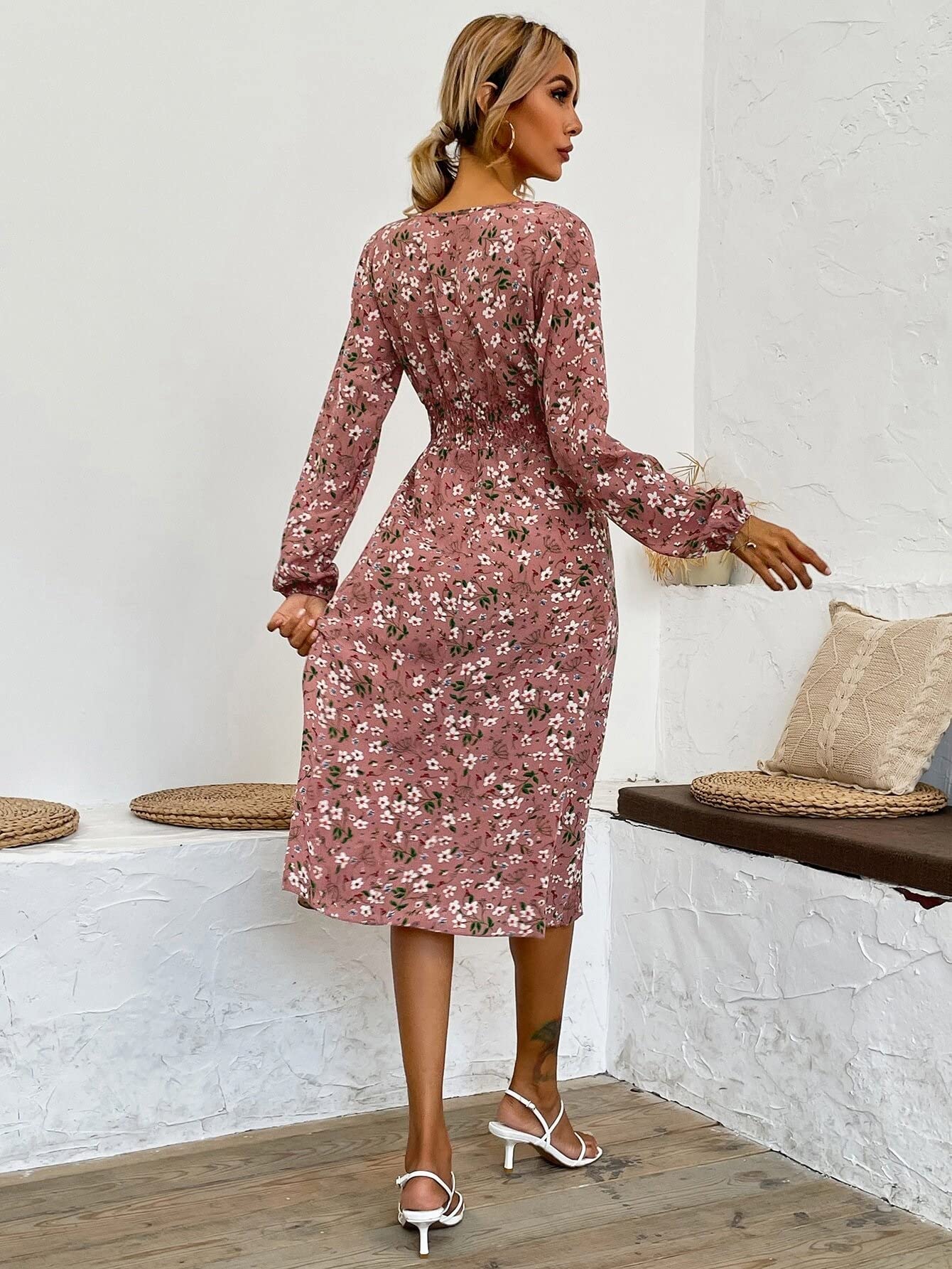 MAPAF Women's Floral Print A-Line Dress with Surplice Neck & Shirred Waist - Perfect for Summer Parties, Beach Vacations & Casual Outings