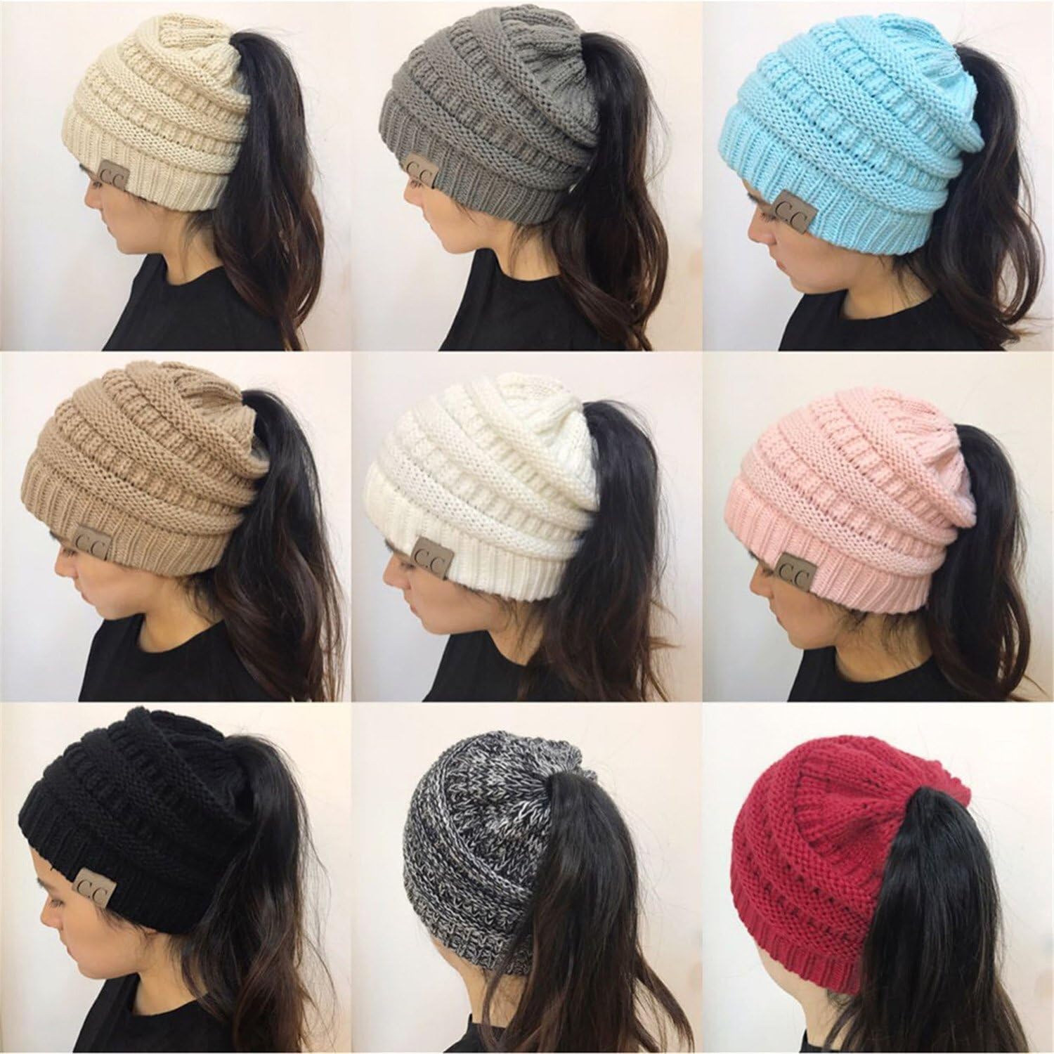 Soft Stretch Cable Knit Beanie Hat for Women & Girls - Warm Winter Ponytail Cap with Messy High Bun Hole - Cozy & Stylish for Outdoor Activities, Snow Days & Casual Wear