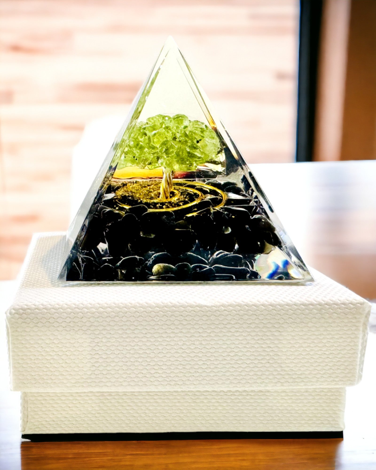 Orgonite Reiki Pyramid with Natural Crystals - Chakra Energy Balance Decor for Meditation, Yoga & Spiritual Healing | Feng Shui Home Office Gift