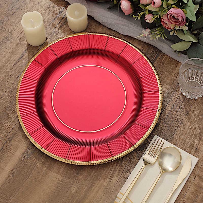 25 Pack 13-inch Round Disposable Paper Plates - Burgundy with Metallic Trim for Weddings, Parties, Catering & Home Decor - Elegant Charger Plates for Dinnerware & Table Setting