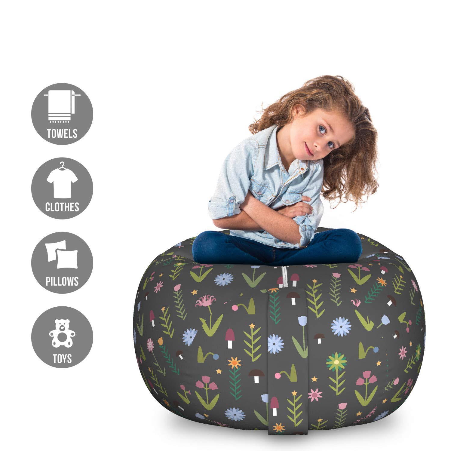 Ambesonne Floral Storage Toy Bag Chair - Large Washable Stuffed Animal Organizer with Tulip, Iris, Daisy & Rose Petals Forest Mushroom Pattern (Olive Green Dried Rose) - Perfect for Kids' Room, Nursery & Playroom Organization