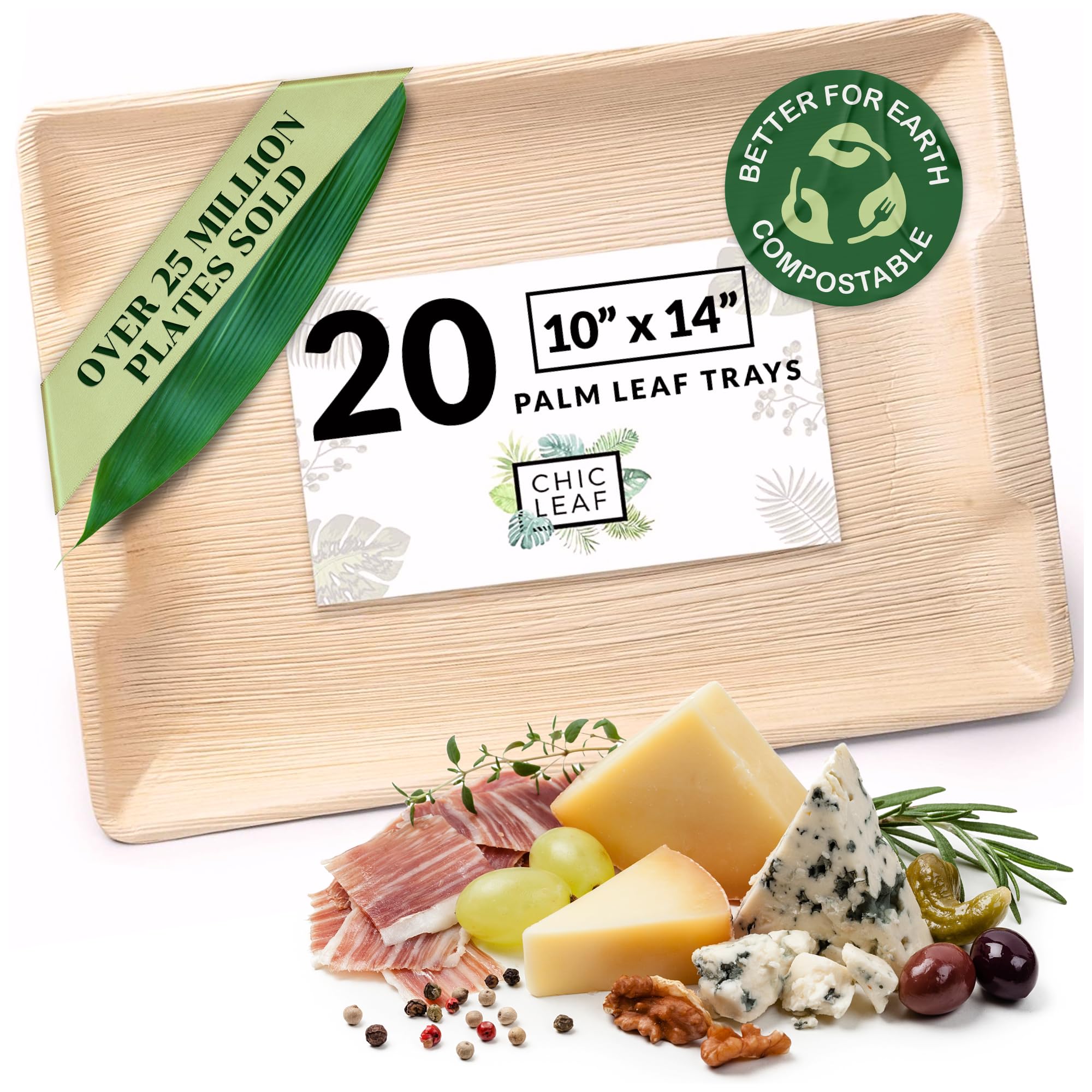 Eco-Friendly 20-Pack Compostable Palm Leaf Serving Trays - 14