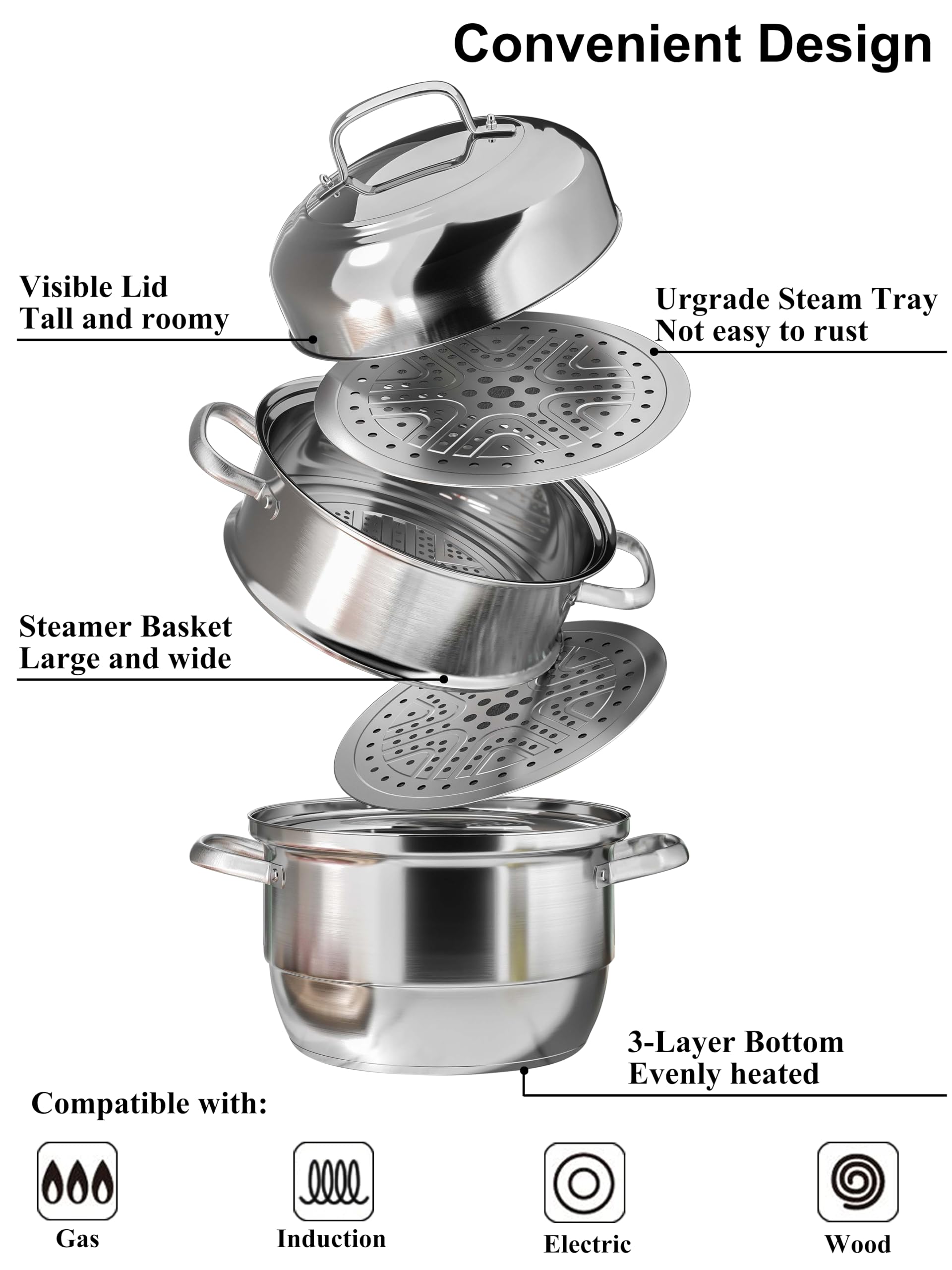 VENTION 13.4 Inch (34cm) Large Stainless Steel 3-Tier Induction Steamer Pot – Perfect for Dumplings, Vegetables & Seafood – Ideal for Home Cooking, Meal Prep & Healthy Eating