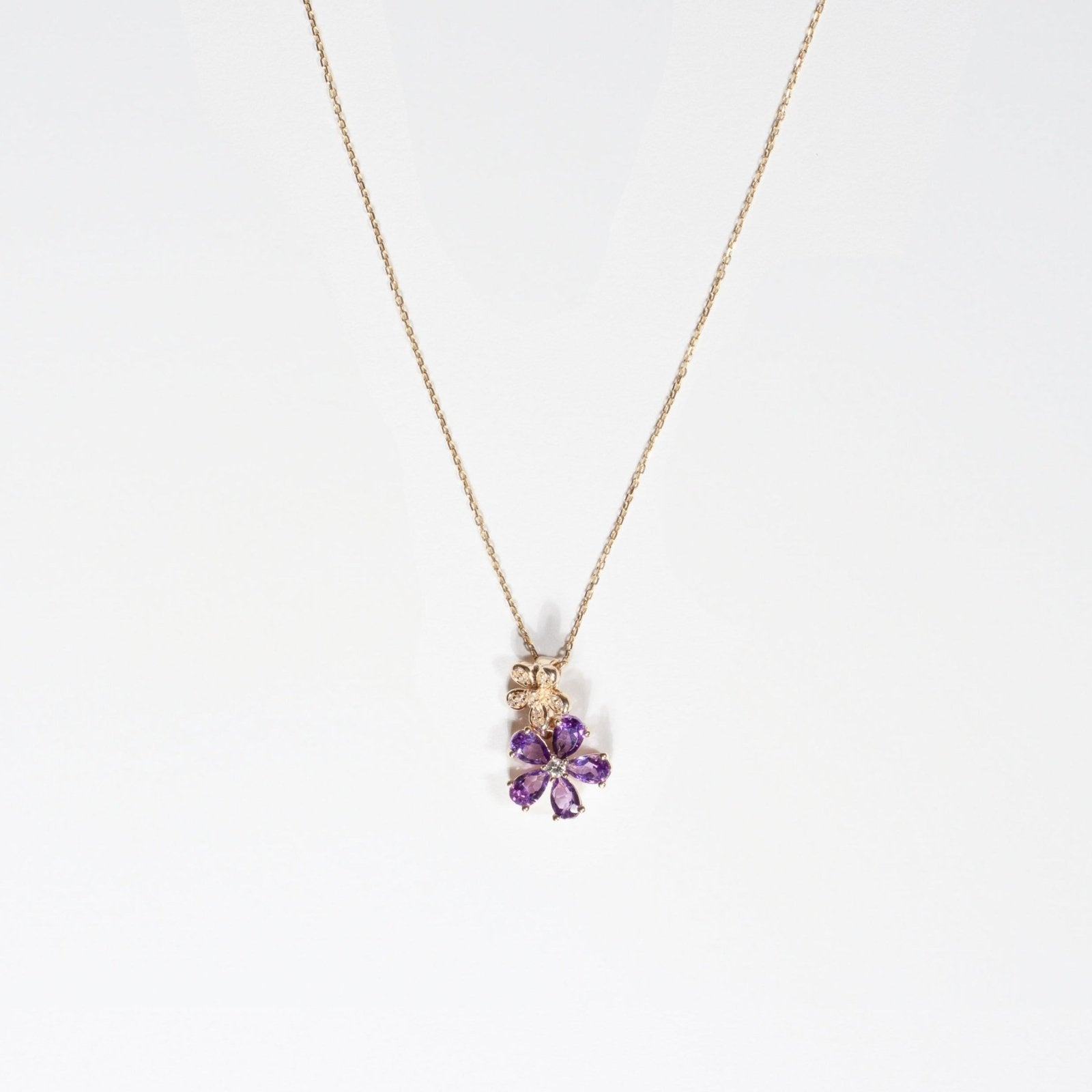10k Yellow Gold Amethyst & White Sapphire Double Flower Drop Pendant Necklace - Elegant Jewelry Gift for Women, Perfect for Weddings, Anniversaries & Special Occasions
