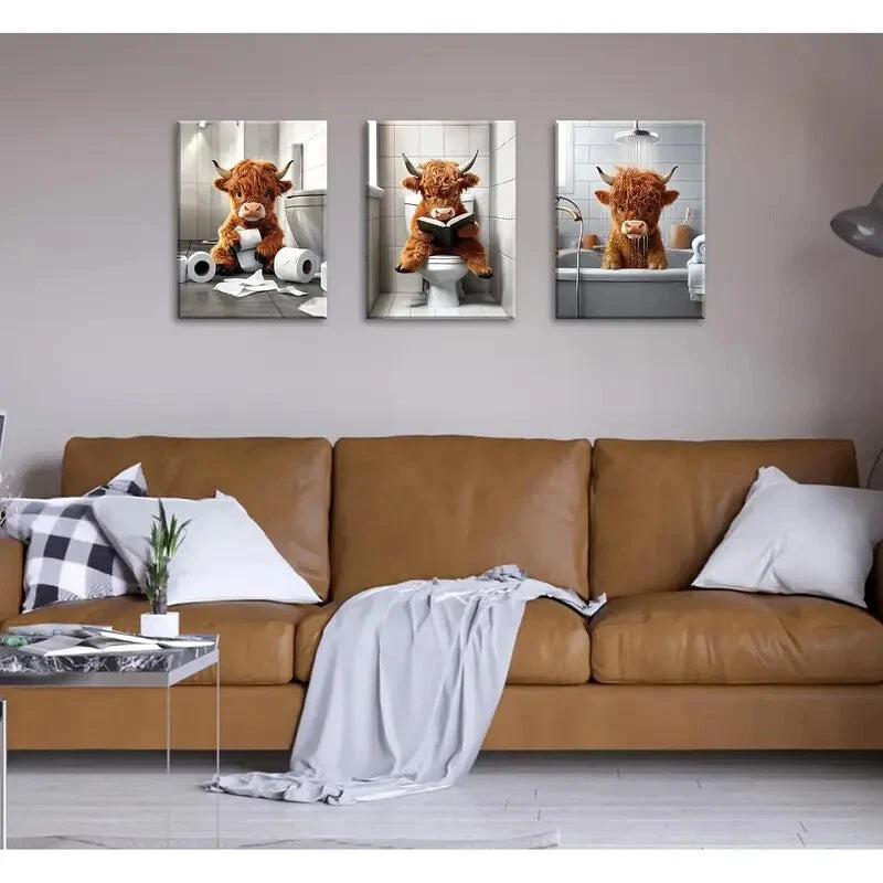 3-Piece Playful Brown Cows Metal Wall Art - Ready to Hang Farmhouse Decor for Living Room, Nursery & Kitchen