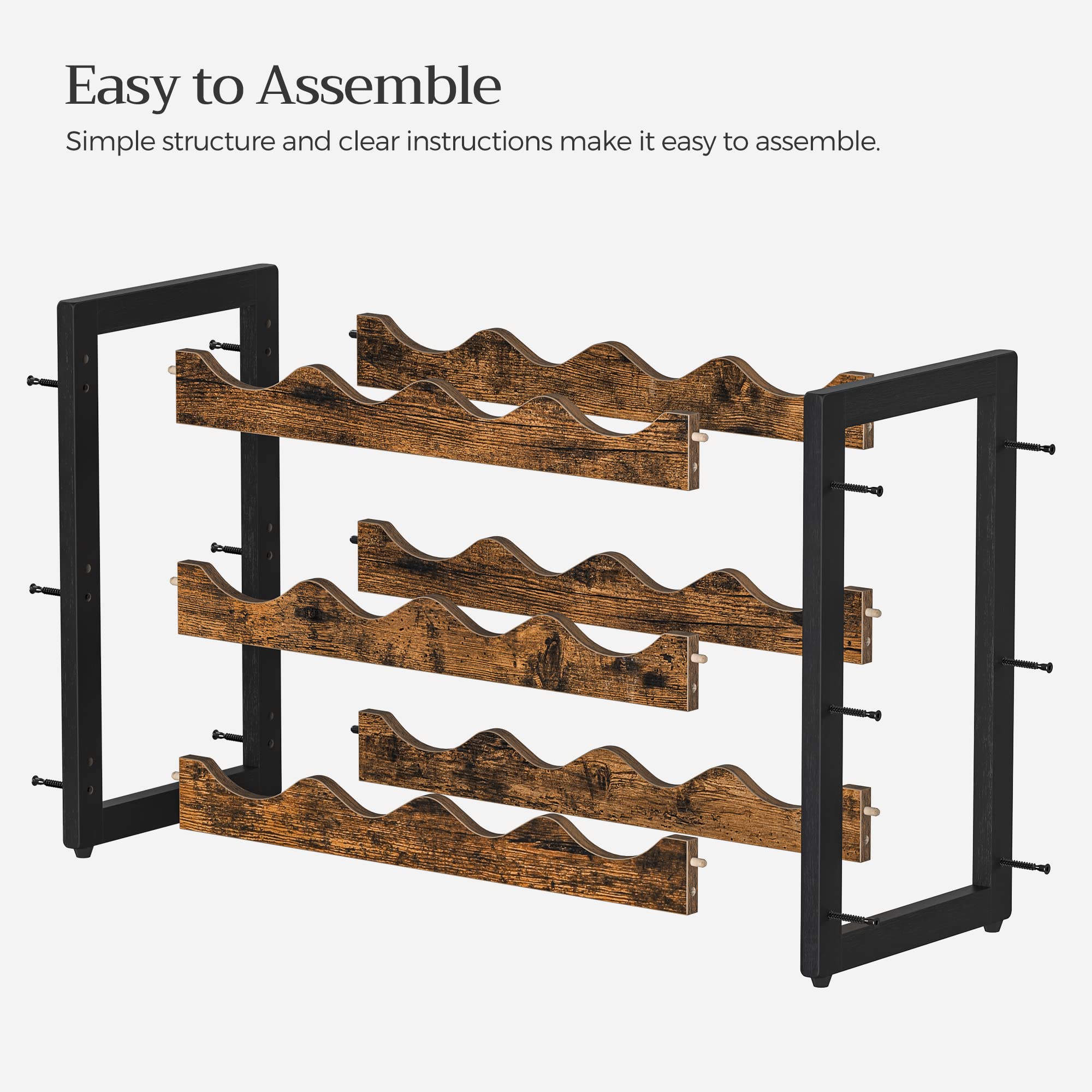 SONGMICS 3-Tier Bamboo Wine Rack - Holds 12 Bottles, Tabletop Wine & Water Bottle Organizer for Kitchen, Bar, Pantry - Rustic Brown & Black Countertop Storage Shelf for Home & Office Use