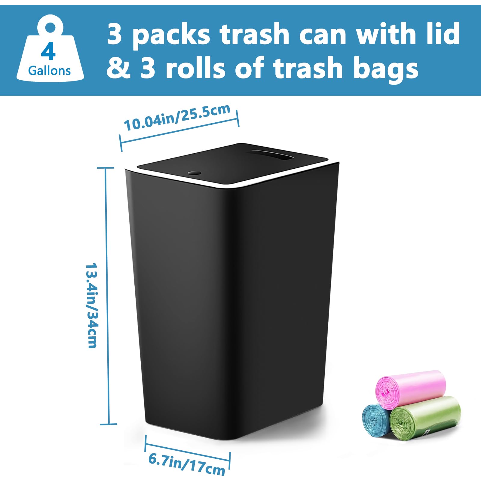 3-Pack 4-Gallon Small Trash Can with Lid - Press-Top Bathroom Waste Basket Includes Trash Bags, Compact Garbage Bin for Dorm, Office, Kitchen, Bedroom & Living Room (Black, White, Grey) - Perfect for Home, Office & Small Spaces