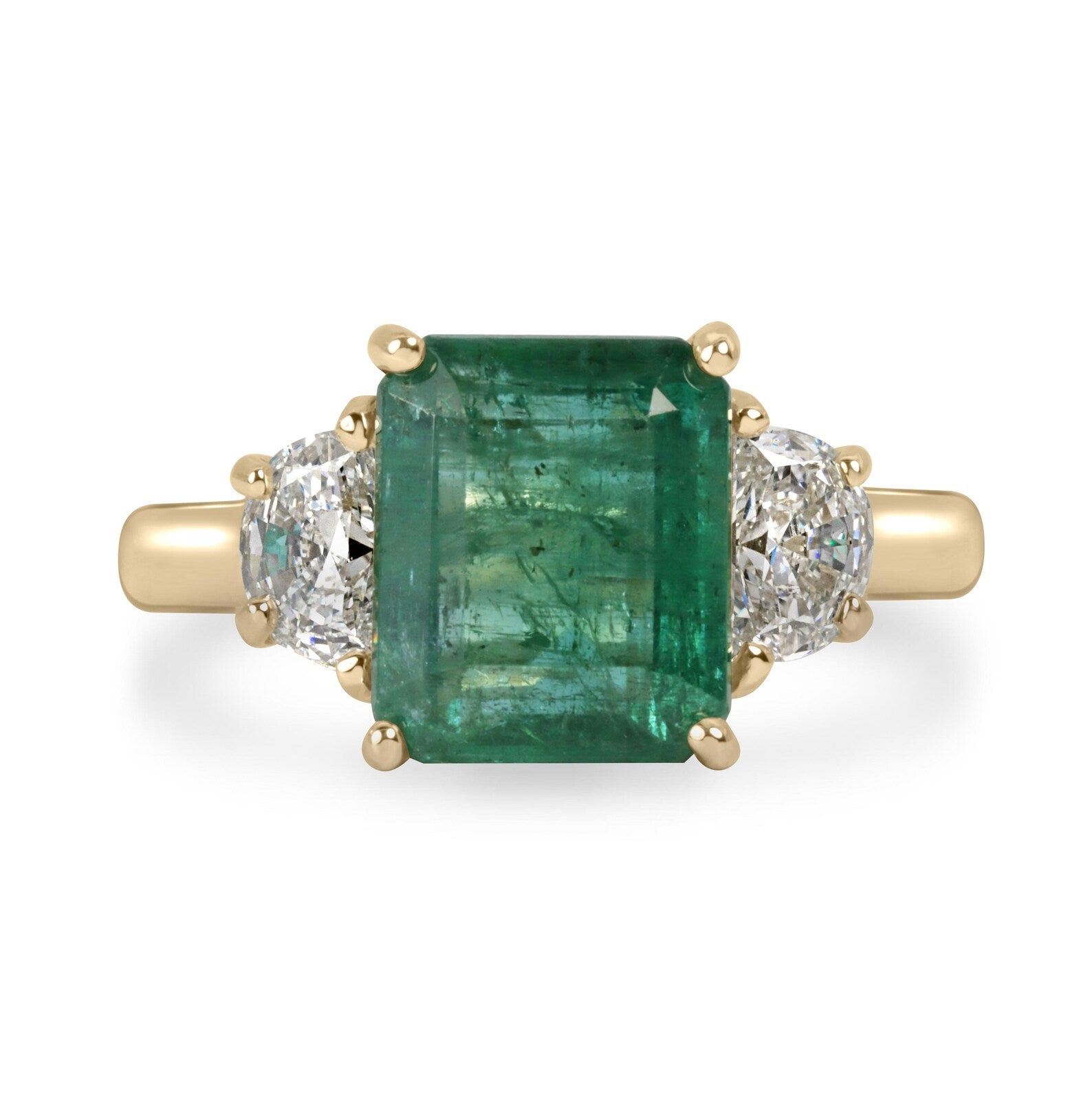 4.88tcw Natural Emerald & Lab-Created Half Moon Diamond 14K Gold Three Stone Ring for Engagement, Wedding, Anniversary & Special Occasions