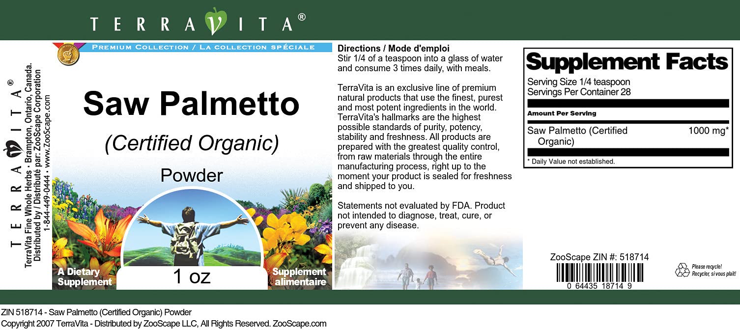 Organic Saw Palmetto Powder - 1oz (ZIN: 518714) | USDA Certified | Natural Prostate Support & Hair Growth Supplement for Men | Herbal Wellness & Vitality Booster