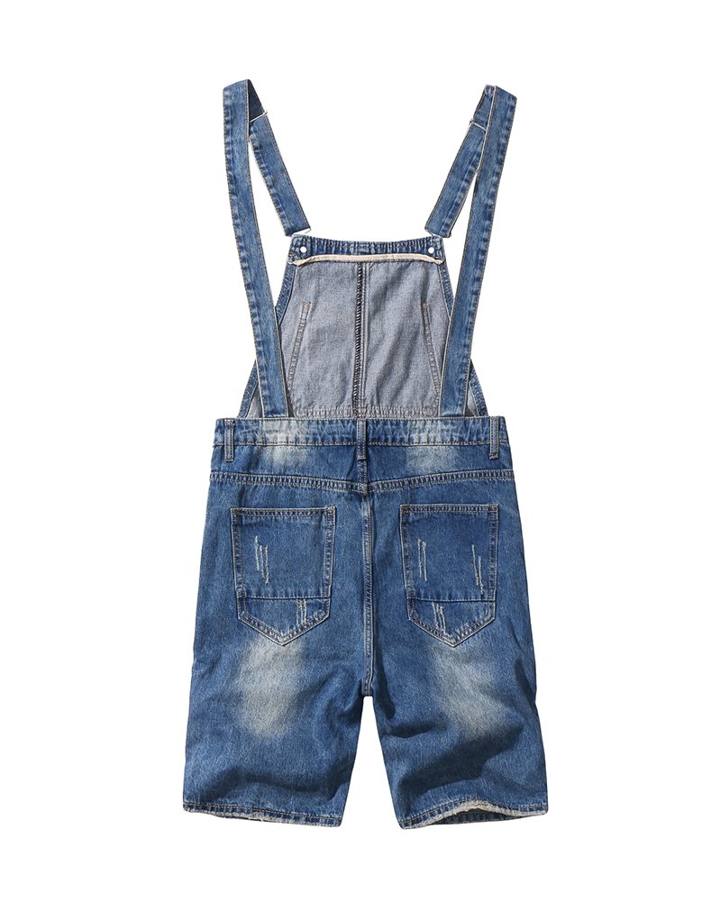 Men's Slim Fit Ripped Blue Denim Bib Overalls Shorts - Stylish Distressed Denim Jumpsuit for Casual Outings & Music Festivals