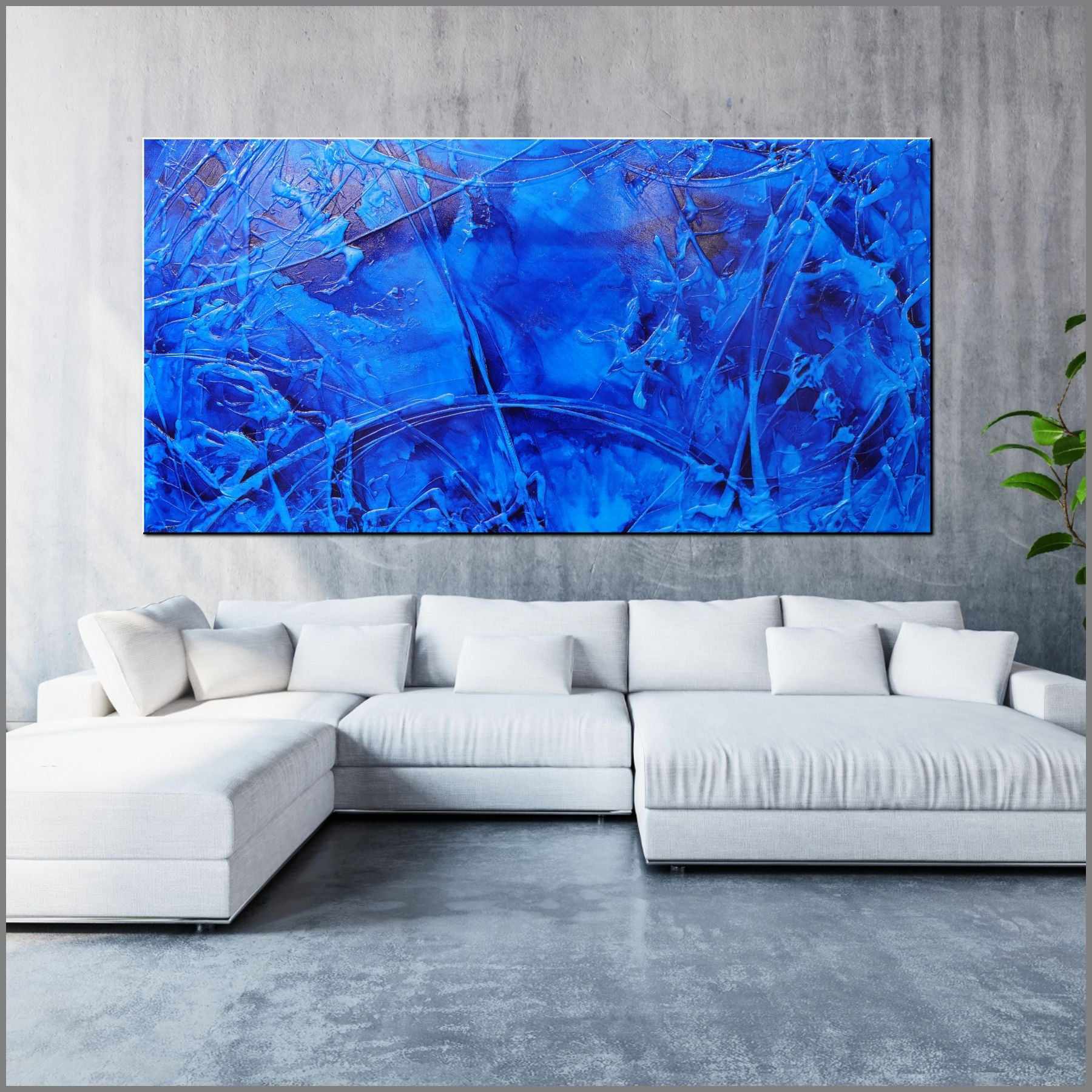 240cm x 120cm Blue Ink Textured Abstract Painting - Sapphire Sugar - Modern Wall Art for Living Room, Bedroom & Office Decor