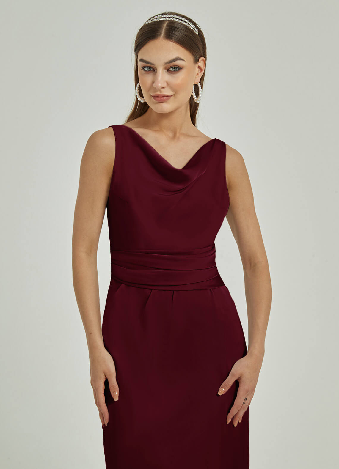 Elegant Burgundy Silk Satin Cowl Neck Sheath Dress | Backless Maxi Bridesmaid Gown for Weddings & Formal Events | Perfect for Evening Parties, Prom & Special Occasions