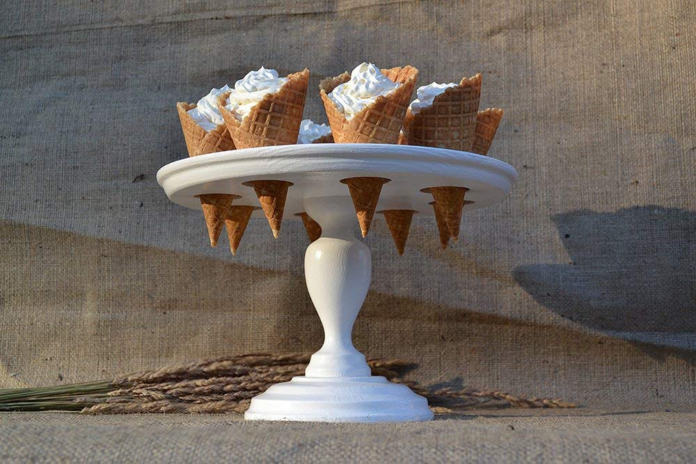 Premium Wooden Ice Cream Cone Stand with Hole - Round Clear Acrylic Display for Waffle Cones & Sweet Treats - Silver Metal Handle Rod - Perfect for Dessert Shops, Bakeries & Ice Cream Parlors