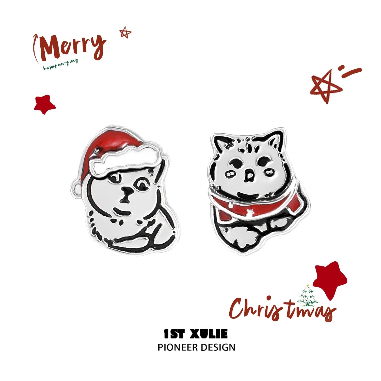 2024 Christmas Graffiti Kitten Sterling Silver Stud Earrings - S925 Hypoallergenic Jewelry for Women | Perfect Holiday Gift for Christmas Parties & Festive Celebrations