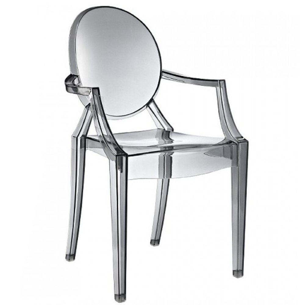 2 Pack Modern Louis XIV Ghost Dining Chairs - Transparent Smoke Polycarbonate Stackable Armchairs for Contemporary Dining Room, Kitchen, or Office Decor
