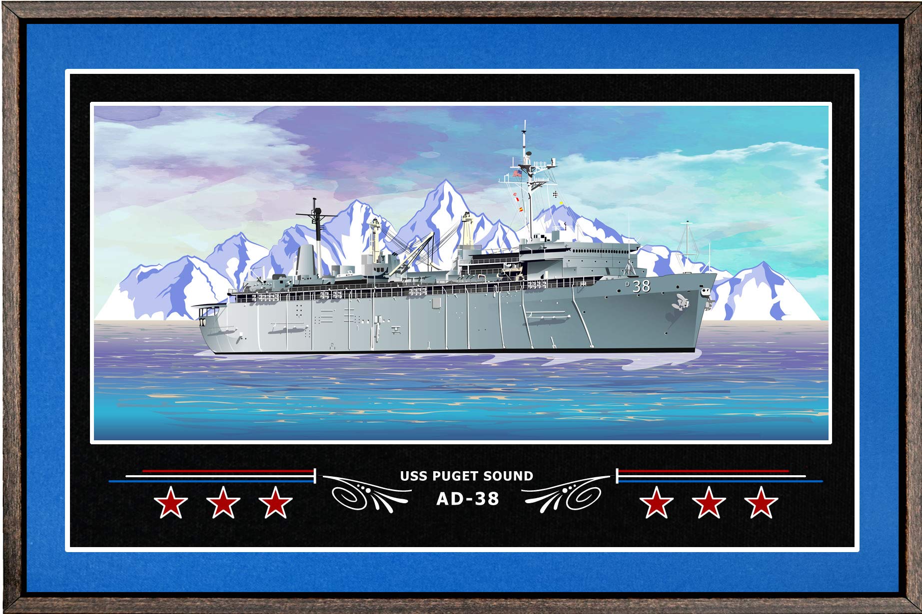 USS Puget Sound AD-38 Navy Ship Box Framed Canvas Wall Art - Blue & Gold Military Decor | Perfect for Home Office, Man Cave, or Veterans Gift