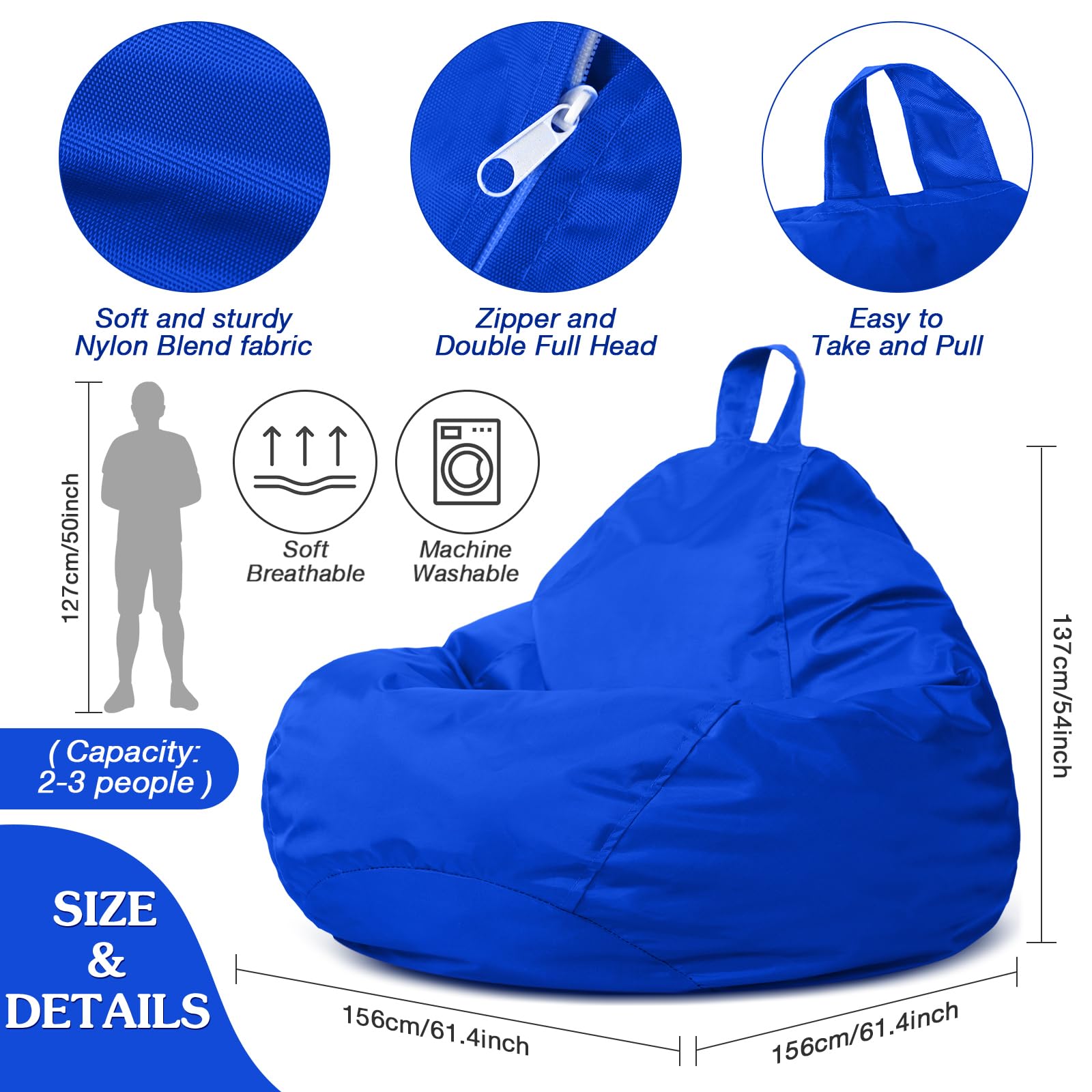 Meonum Stuffed Animal Storage Bean Bag Chair Cover - Washable & Stuffable Zippered Organizer for Plush Toys, Memory Foam (Dark Blue, 61.4