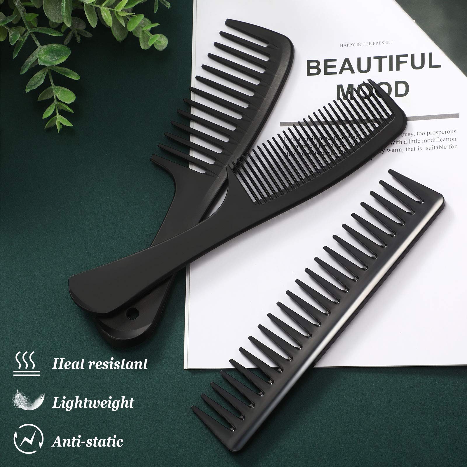 Patelai 3-Piece Wide Tooth Detangling Comb Set - Carbon Fiber Anti-Static Heat Resistant Hair Styling Combs for Women with Curly, Straight & Long Hair - Perfect for Salon, Home Hair Care & Travel (Black)