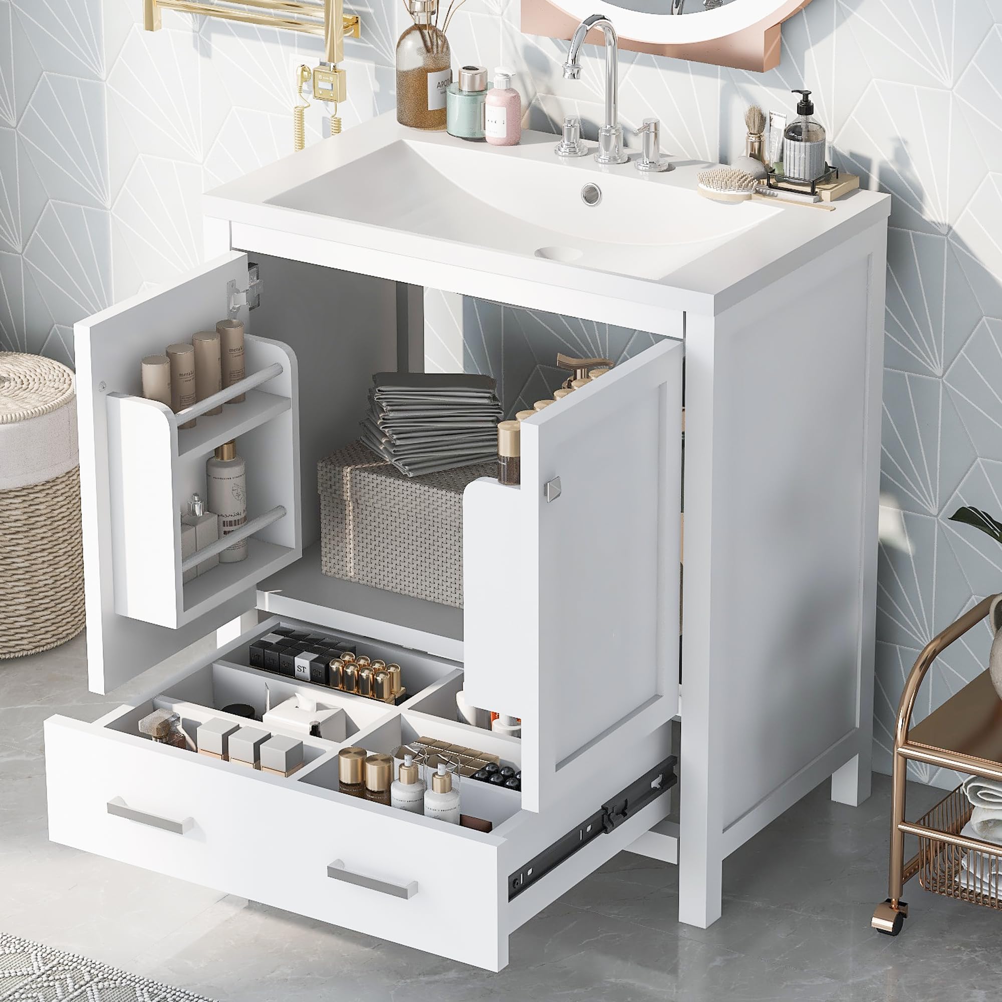30 Inch White Bathroom Vanity with Sink - 2 Door Storage Cabinet & Drawer, Multifunctional Bathroom Organizer (30