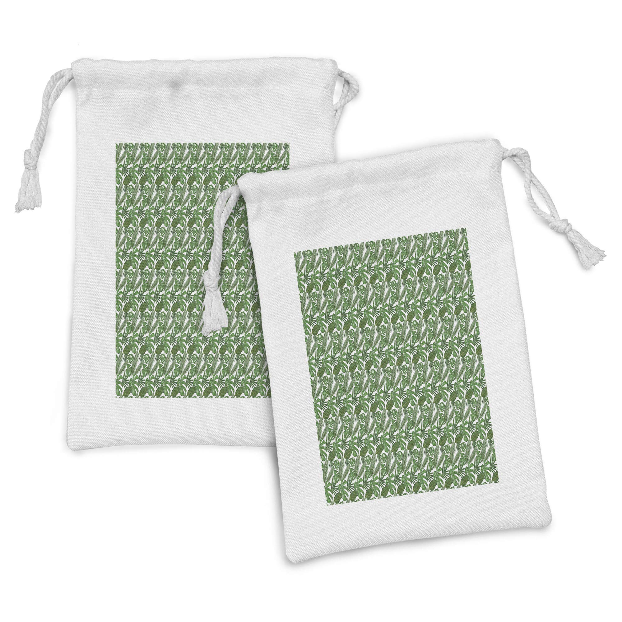 Ambesonne 2-Pack Philodendron Fabric Drawstring Pouches - Tropical Jungle Leaf Print Small Bags for Toiletries, Masks, Jewelry & Travel Essentials (9