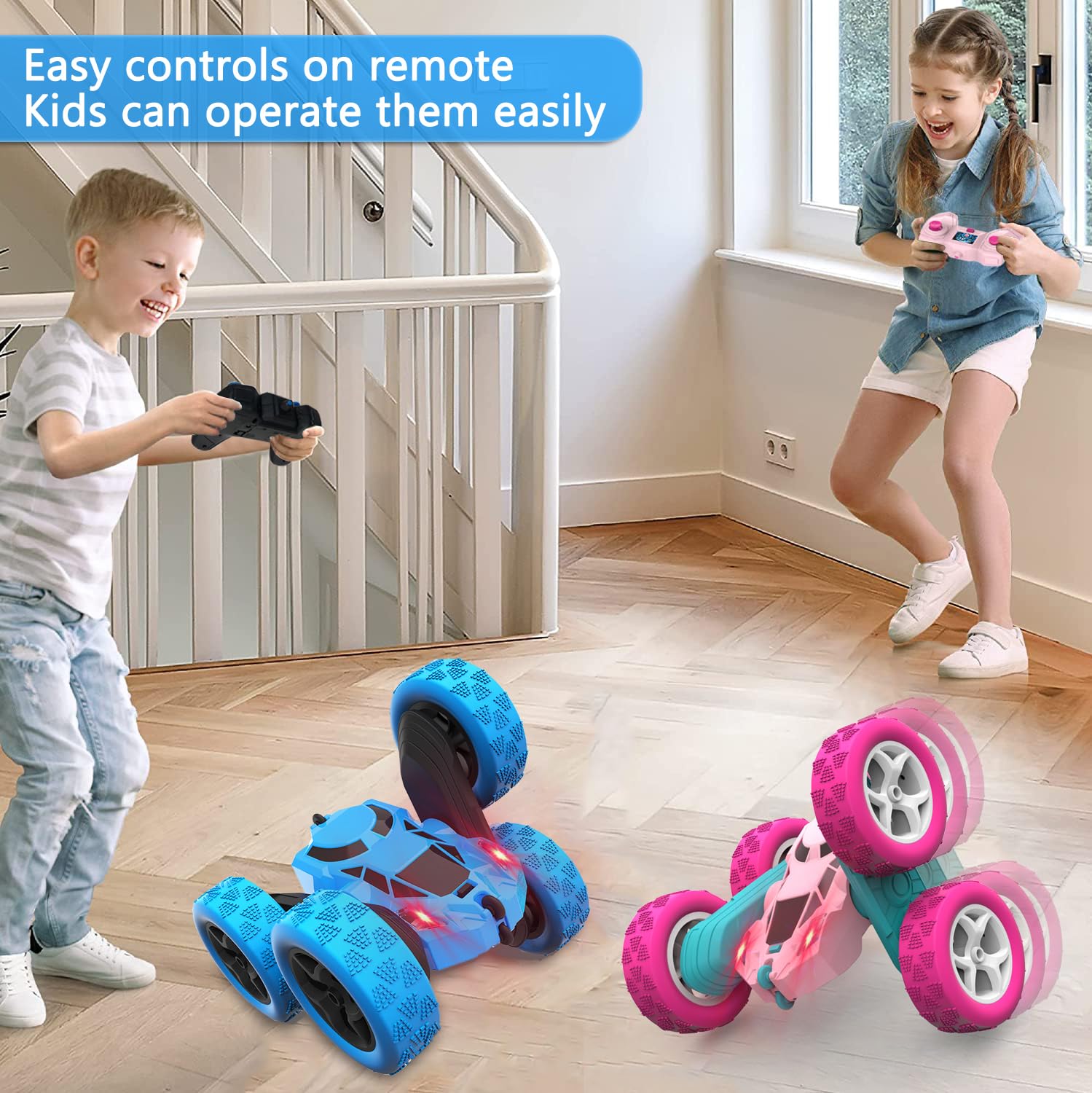 Cosone 2.4Ghz 4WD Remote Control Car for Kids - 360° Rotating Rechargeable RC Truck with LED Lights, All Terrain Toy Car for Boys & Girls (Blue) - Perfect for Indoor Play, Outdoor Adventures & Birthday Gifts