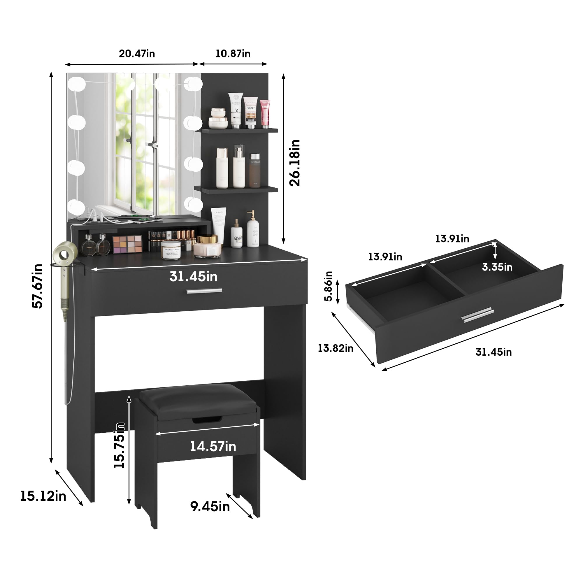 Vabches Makeup Vanity Table with LED Lighted Mirror & Power Outlet, Vanity Desk with Storage Drawers, 3 Lighting Modes & Adjustable Brightness, 31.45