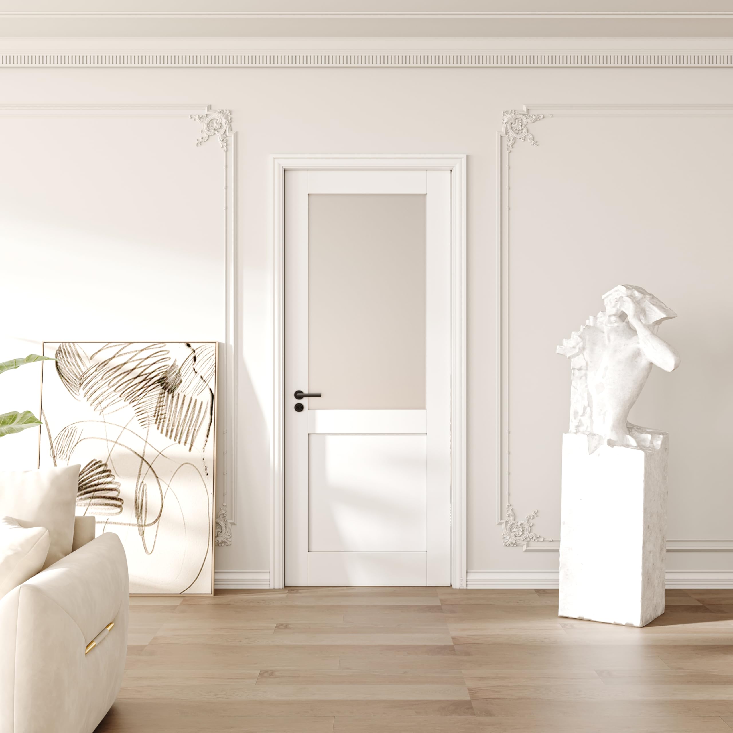 WINSTELLAR 36x80 Frosted Tempered Glass Interior Door Slab - Paintable Shaker Style for Living Room, Pantry & Laundry - Perfect for Prehung, Pocket, French or Barn Doors - White Prefinished - Ideal for Modern Homes, Offices & Commercial Spaces