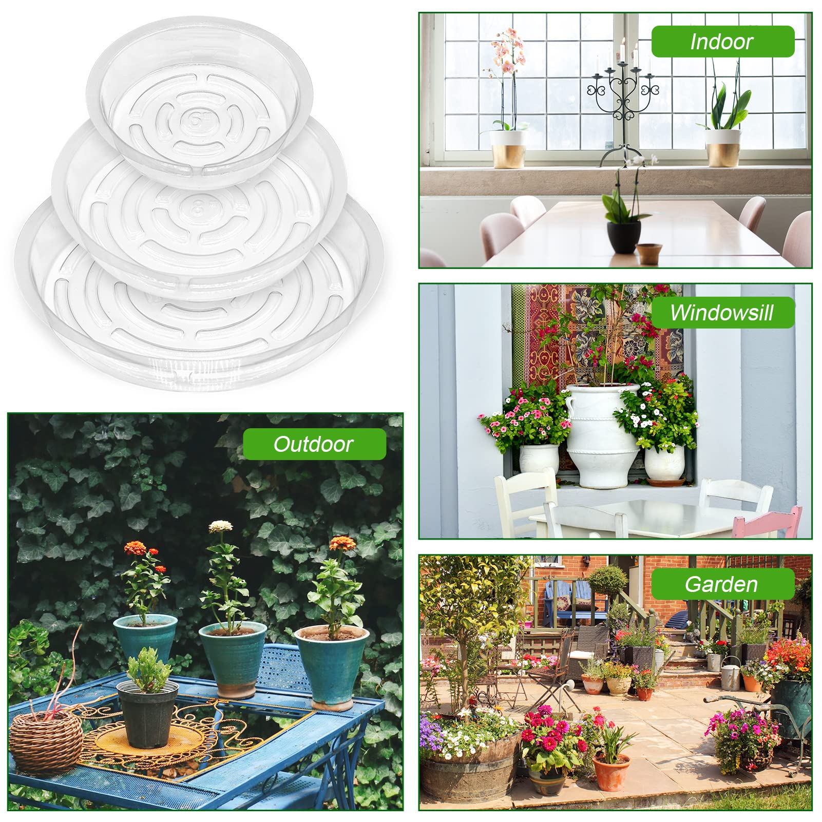 18 Pack Clear Plastic Plant Saucers - 6, 8, 10 Inch Flower Pot Trays for Indoor & Outdoor Plants | Drainage Protection for Potted Plants, Garden, Balcony & Patio Decor