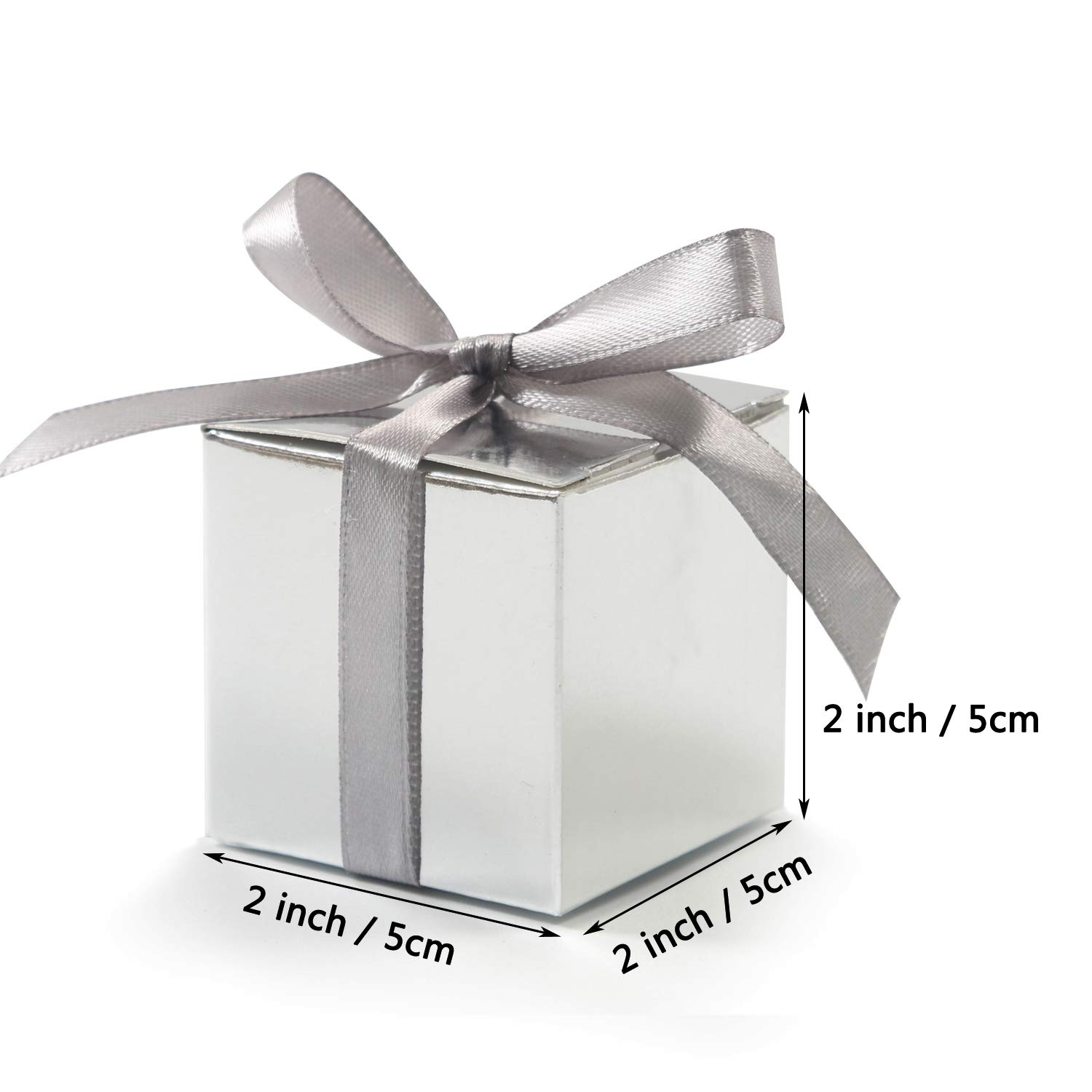 KPOSIYA 100 Pack 2x2x2 Inch Silver Favor Boxes with Ribbons - Small Candy Gift Boxes for Wedding, Baby Shower, Birthday Party Decorations & Party Supplies - Perfect for Candy, Jewelry, Wedding Favors, Baby Shower Gifts, and Party Treats