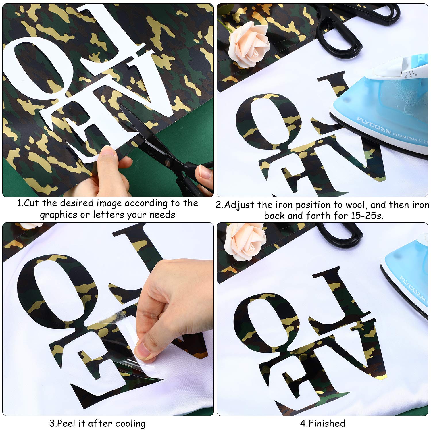 Outus 8 Sheets Camo Iron-On Vinyl - Camouflage HTV Heat Transfer Vinyl for T-Shirts, Hats & DIY Crafts (12