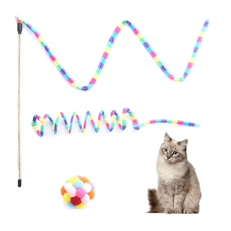 Interactive Cat Toys for Indoor Cats - 3 Pack Rainbow Wand, Fuzzy Balls with Bell & Springs - Fun Exercise Toys for Kittens & Puppies | Perfect for Playtime, Chase Games & Bonding Activities
