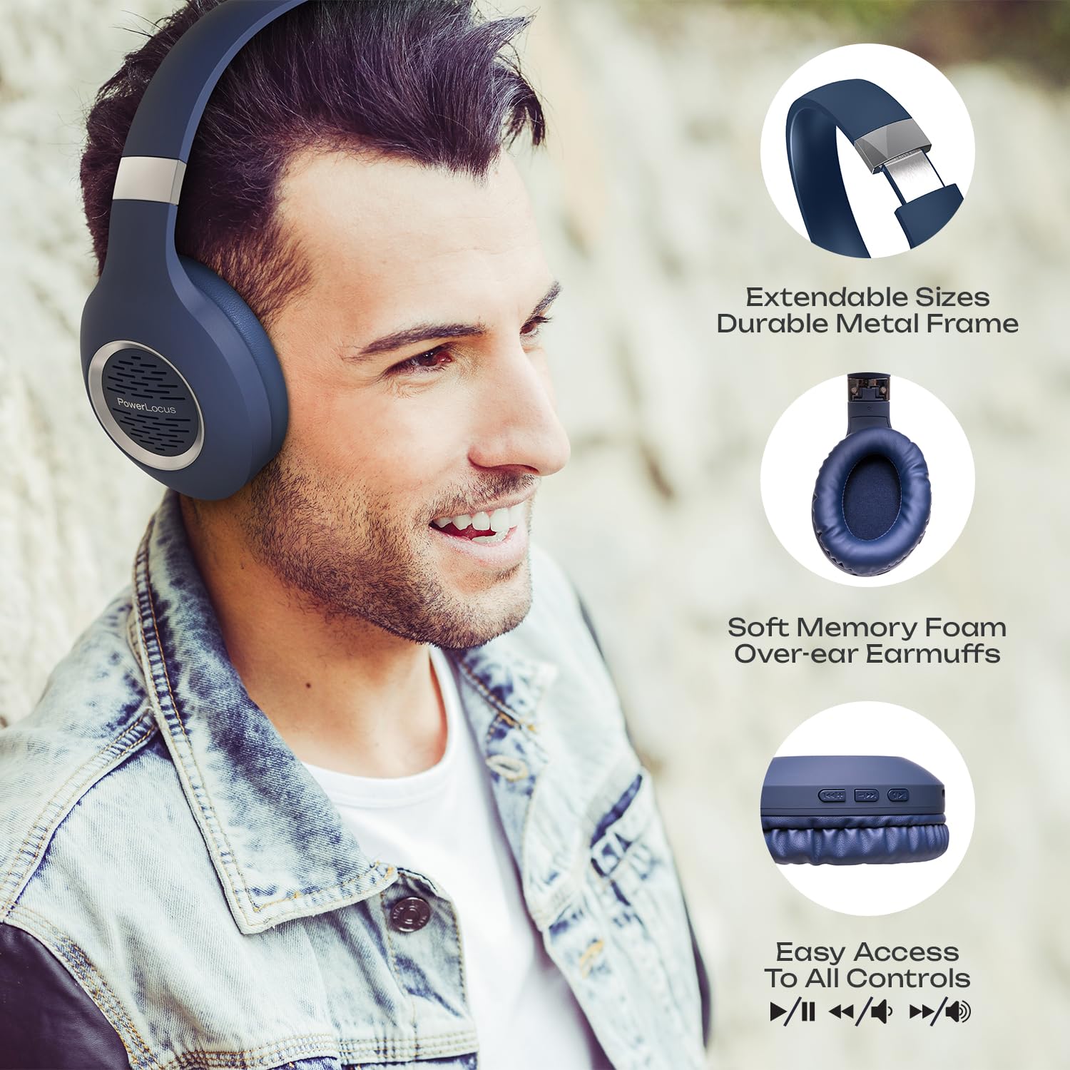 PowerLocus Wireless Over-Ear Bluetooth Headphones with Hi-Fi Stereo & Deep Bass, Foldable Design with Soft Earmuffs & Built-in Mic - Wireless/Wired Headset for iPhone, Android, PC, Gaming, Travel & Office Use