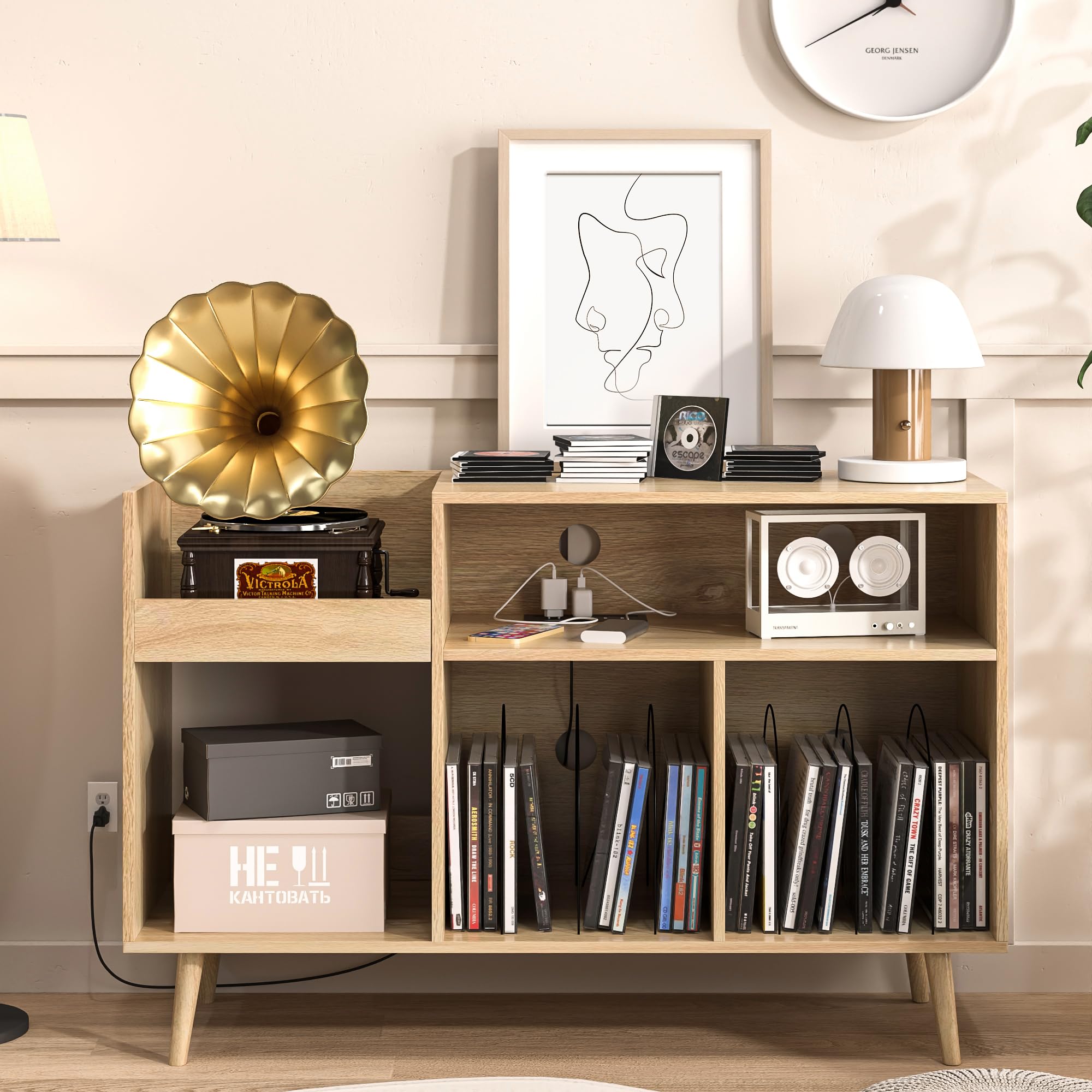Vintage Mid Century Modern Record Player Stand with USB Charging Station & Storage - Holds 350 Vinyl Albums, Turntable Table with USB Ports - Perfect for Living Room, Home Theater & Music Studio Decor
