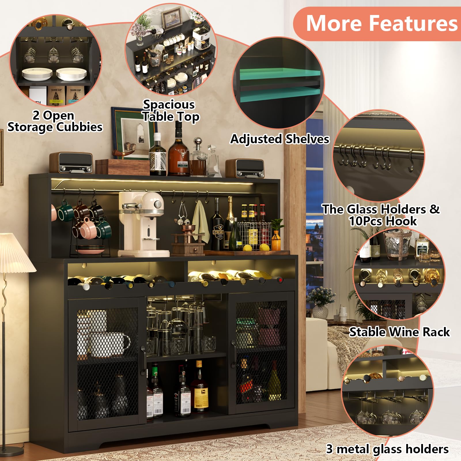 Loomie Modern Wine Bar Cabinet with LED Lighting - Glass Holder Liquor Storage & Coffee Bar Buffet Cabinet with Wine Racks & Mesh Door - Perfect for Home Bars, Dining Rooms & Entertaining (Black)