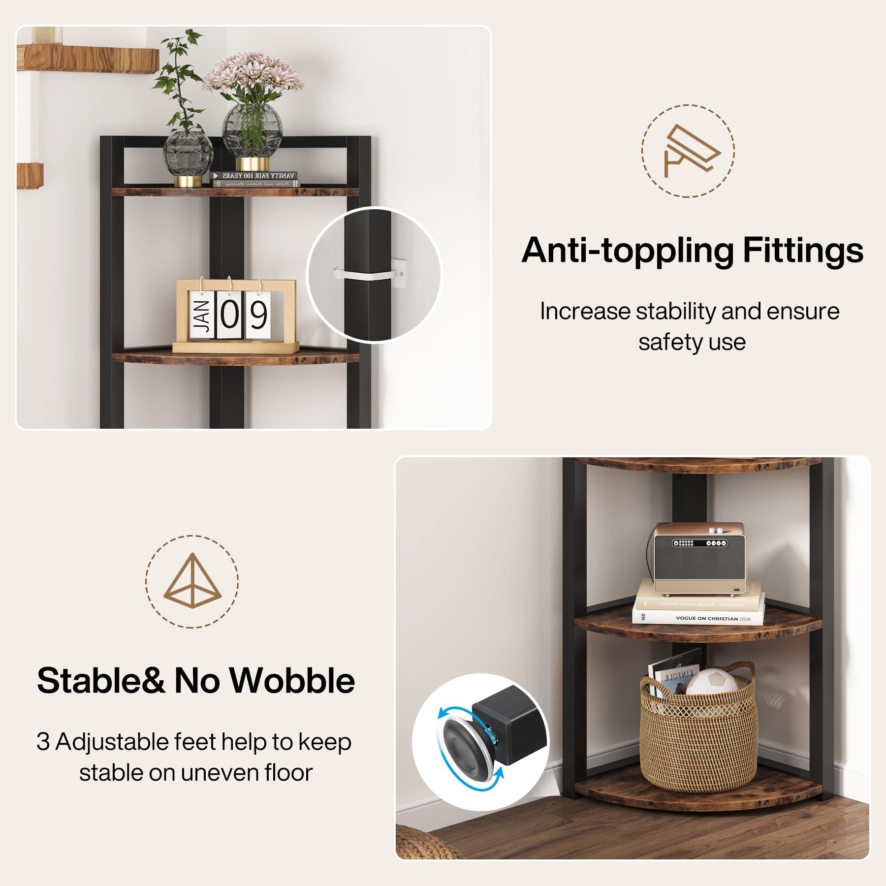 6 Tier Corner Shelf - Small Corner Bookshelf Storage Rack for Bedroom, Bathroom & Office - Space Saving Organizer for Books, Plants & Decor