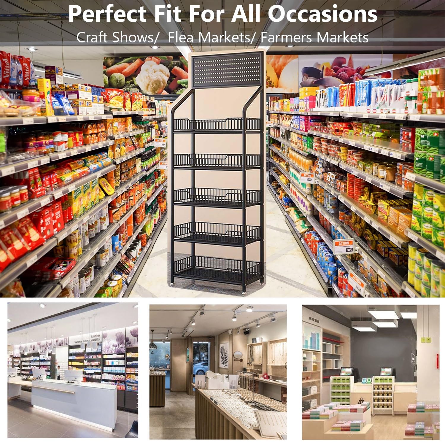 5-Tier Metal Retail Display Rack with Wheels - Heavy Duty Storage Shelf for Snacks, Fruits, Tools - Easy Assembly 19.7