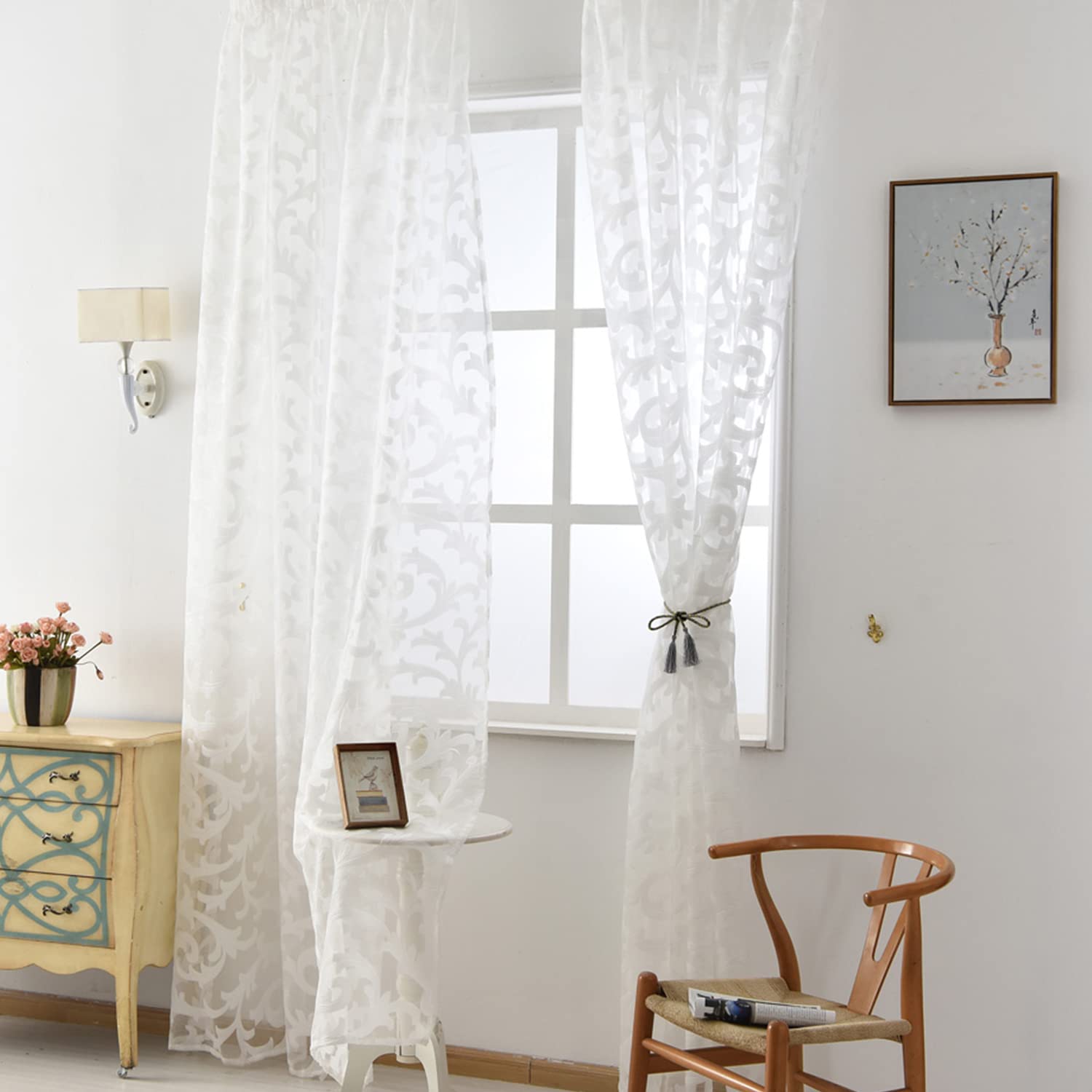NAPEARL White Sheer Curtains - European Style Jacquard Light Filtering Window Drapes, Rod Pocket Semi Voile Curtain Panels for Privacy Protection, Set of 2 (52x96 Inch Each) - Perfect for Living Room, Bedroom & Office Decor