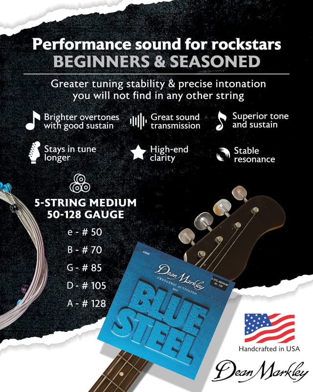 Dean Markley 2680 Blue Steel Electric Bass Guitar Strings - Medium Gauge (50-128) for Long Scale Bass - Cryogenically Treated for Extended Durability - Perfect for Rock, Jazz & Studio Recording Sessions