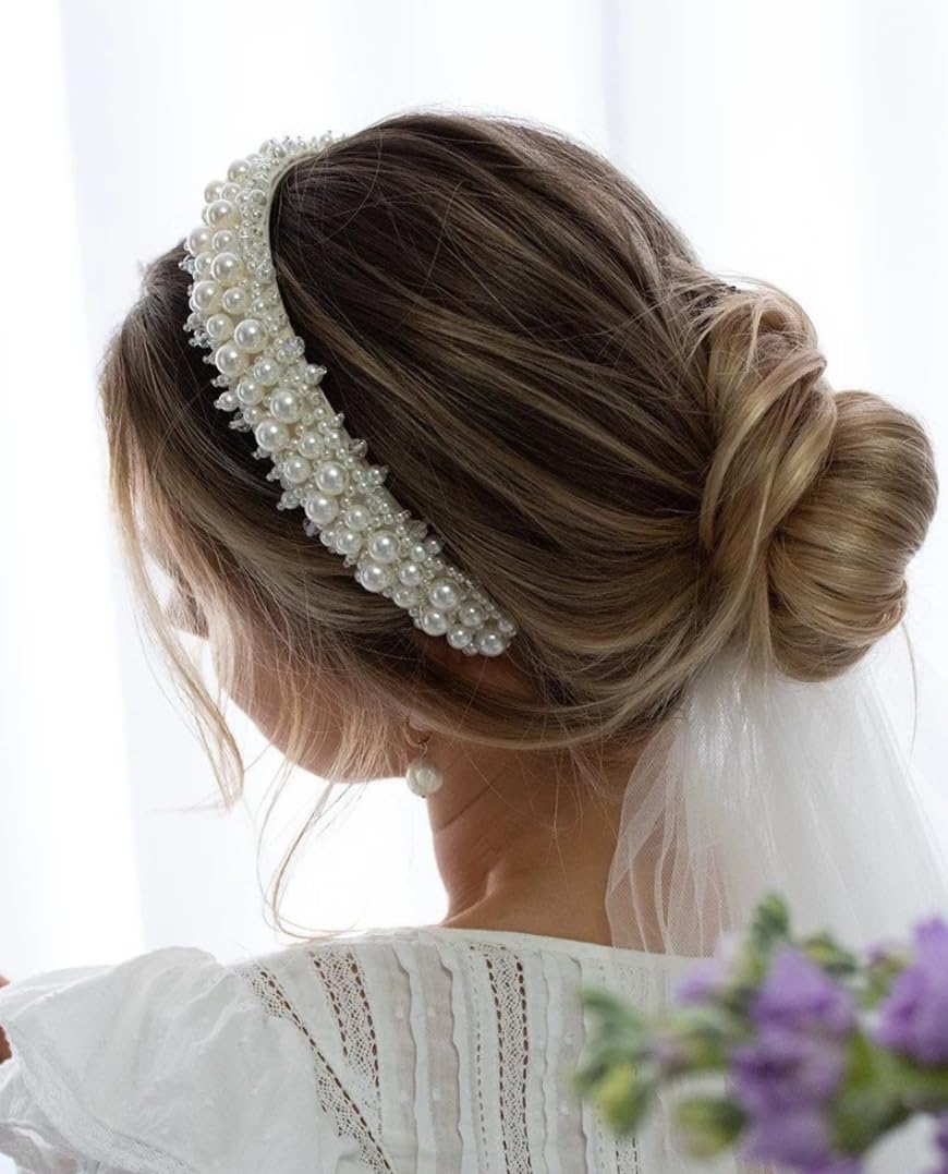WOVOWOVO Women's Pearl Bridal Headband with Rhinestones - Elegant Wedding Hair Hoop & Hair Accessories for Brides, Prom, Parties & Special Occasions