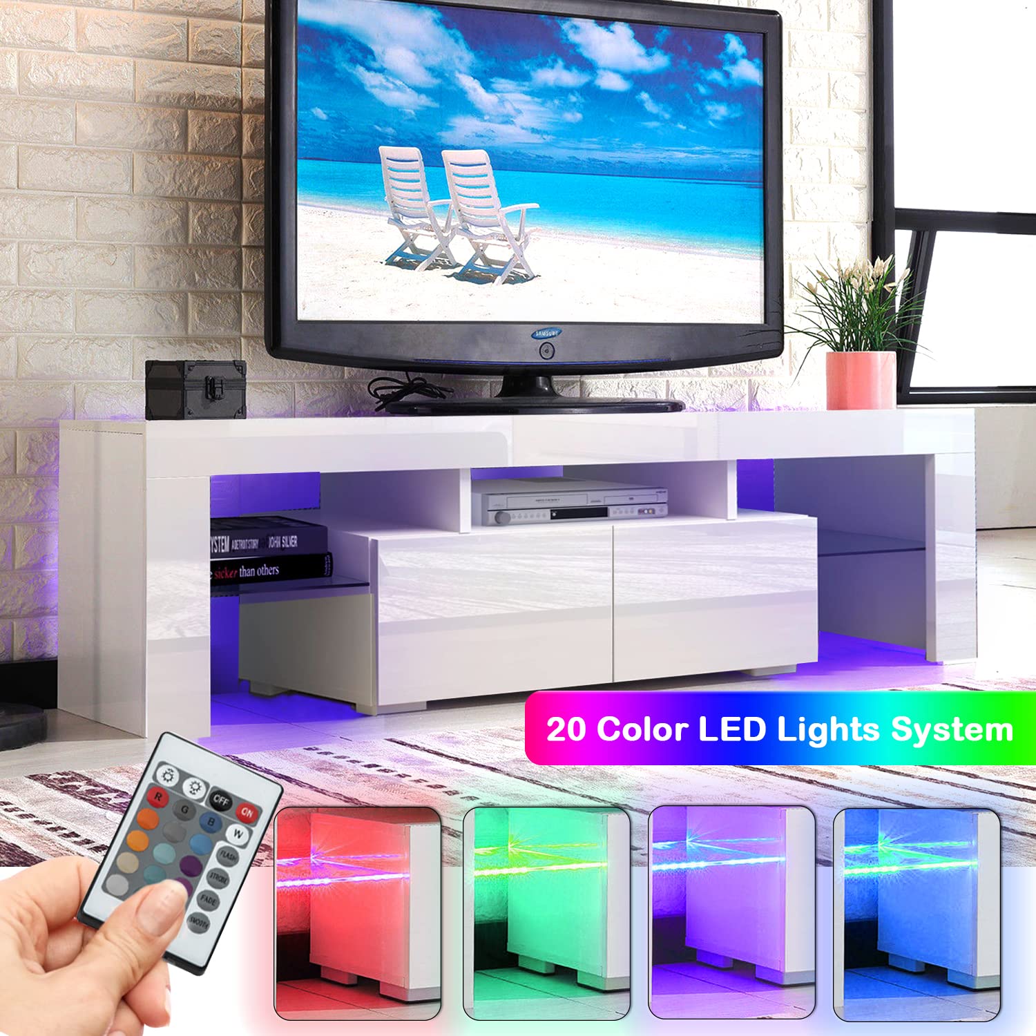 65 Inch Glossy Black LED TV Stand with Storage Drawers & Ambient Lighting - Modern Media Console Entertainment Center for Living Room, Bedroom & Home Theater Setup