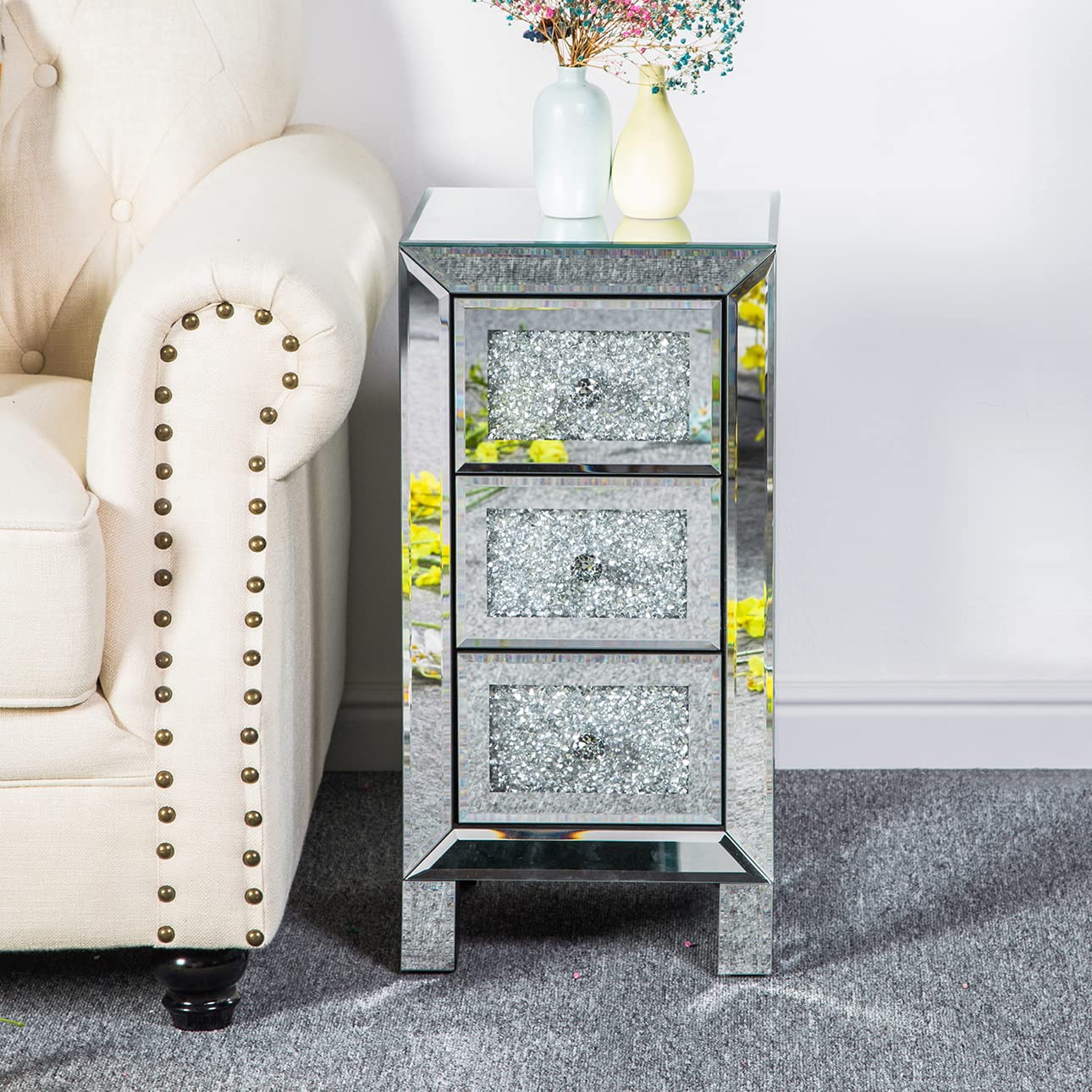 Modern 3-Drawer Mirrored Nightstand with Crushed Crystal - Silver & Crystal Bedside Table, End Table for Bedroom & Living Room - Perfect for Small Spaces, Guest Rooms & Apartment Decor