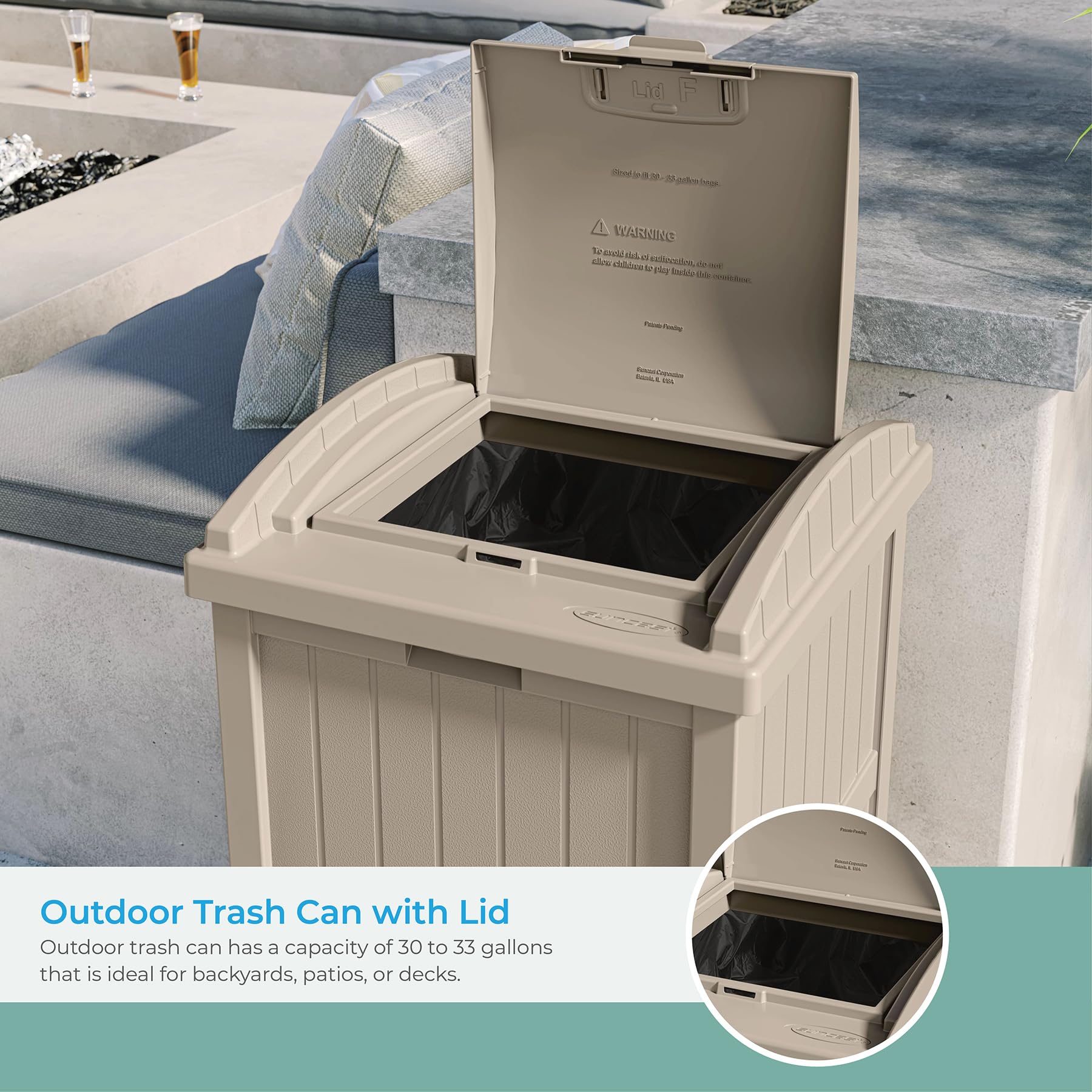 Suncast 33 Gallon Hideaway Resin Outdoor Trash Can with Lid - Durable Taupe Patio & Deck Waste Bin for Backyard, Garden, Poolside & Outdoor Spaces